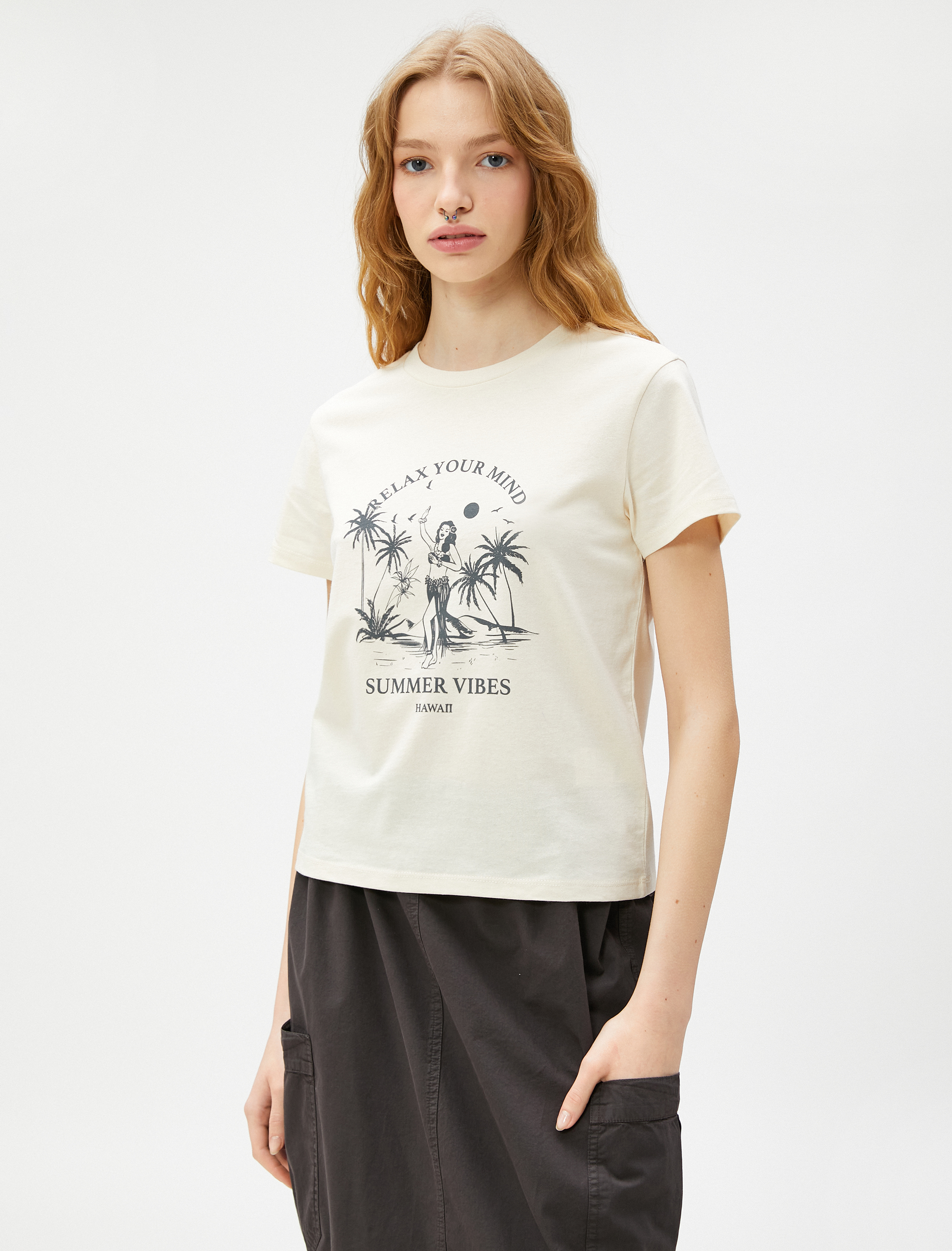   Slogan Baskılı Tişört Bisiklet Yaka Kısa Kollu Pamuklu