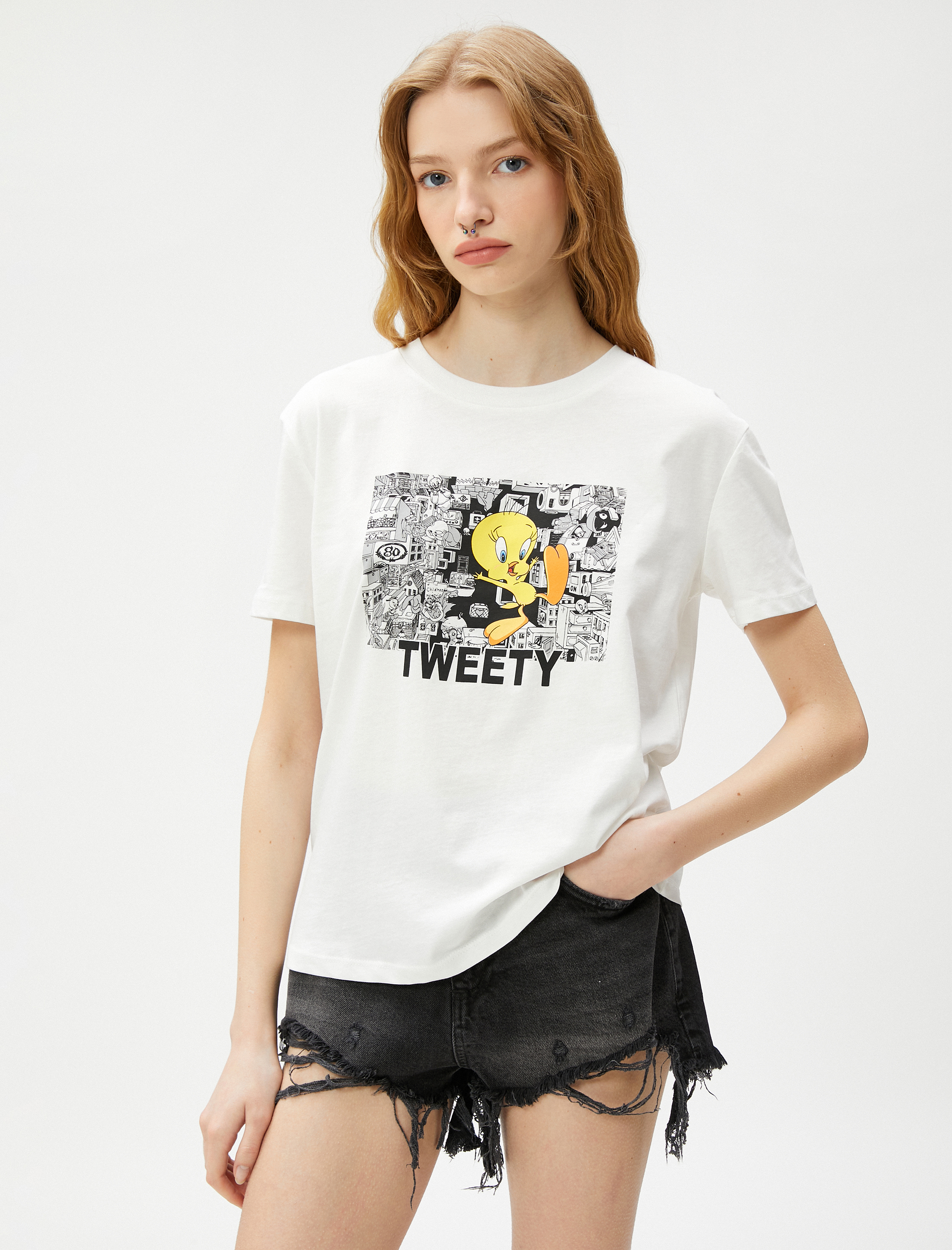   Tweety Tişört Baskılı Bisiklet Yaka Kısa Kollu Lisanslı