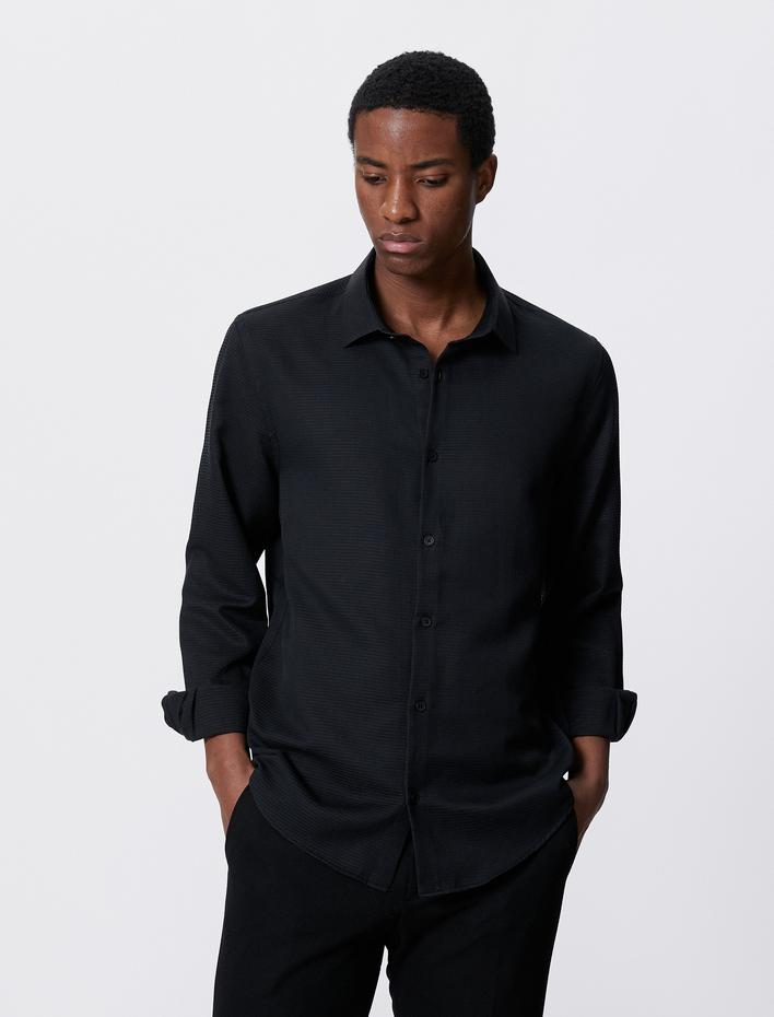  Basic Gömlek Klasik Yaka Dokulu Düğmeli Non Iron