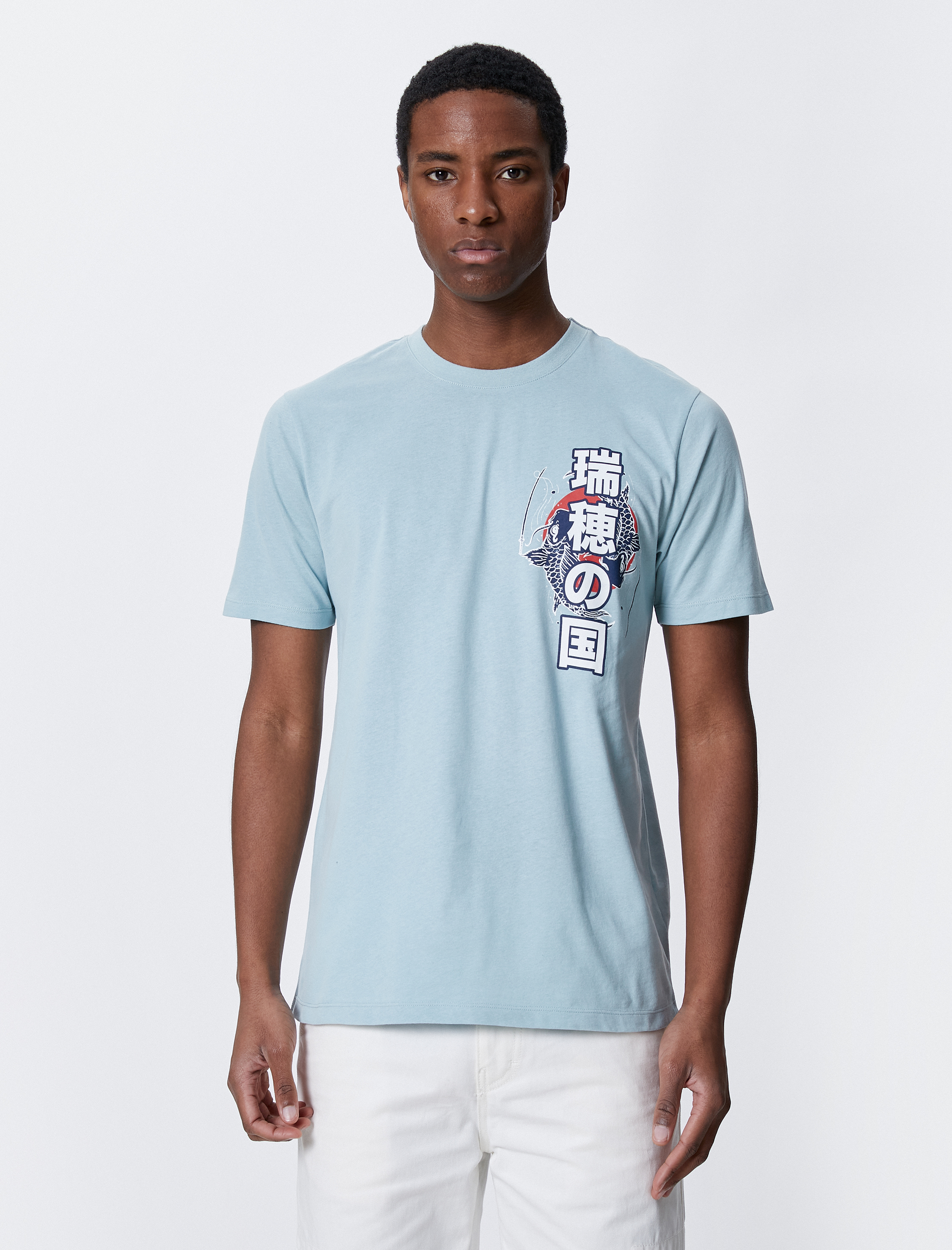   Uzakdoğu Baskılı Tişört Bisiklet Yaka Dar Kesim Pamuklu