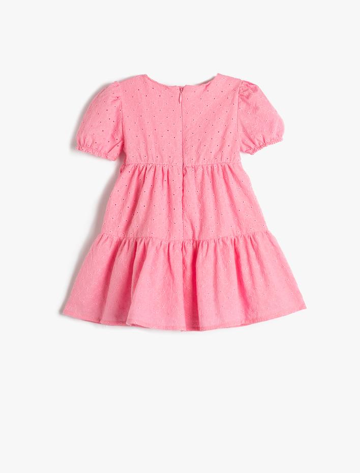 Kız Bebek Elbise Fisto İşlemeli Balon Kollu Kare Yaka Pamuklu