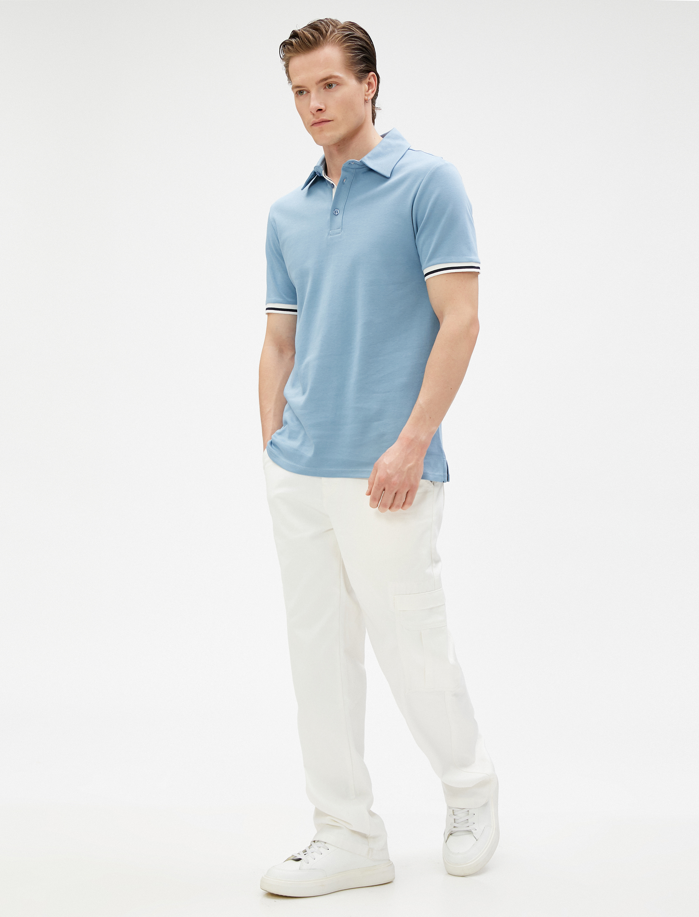 Basic Polo Tişört Düğmeli Dar Kesim Kısa Kollu Pamuklu