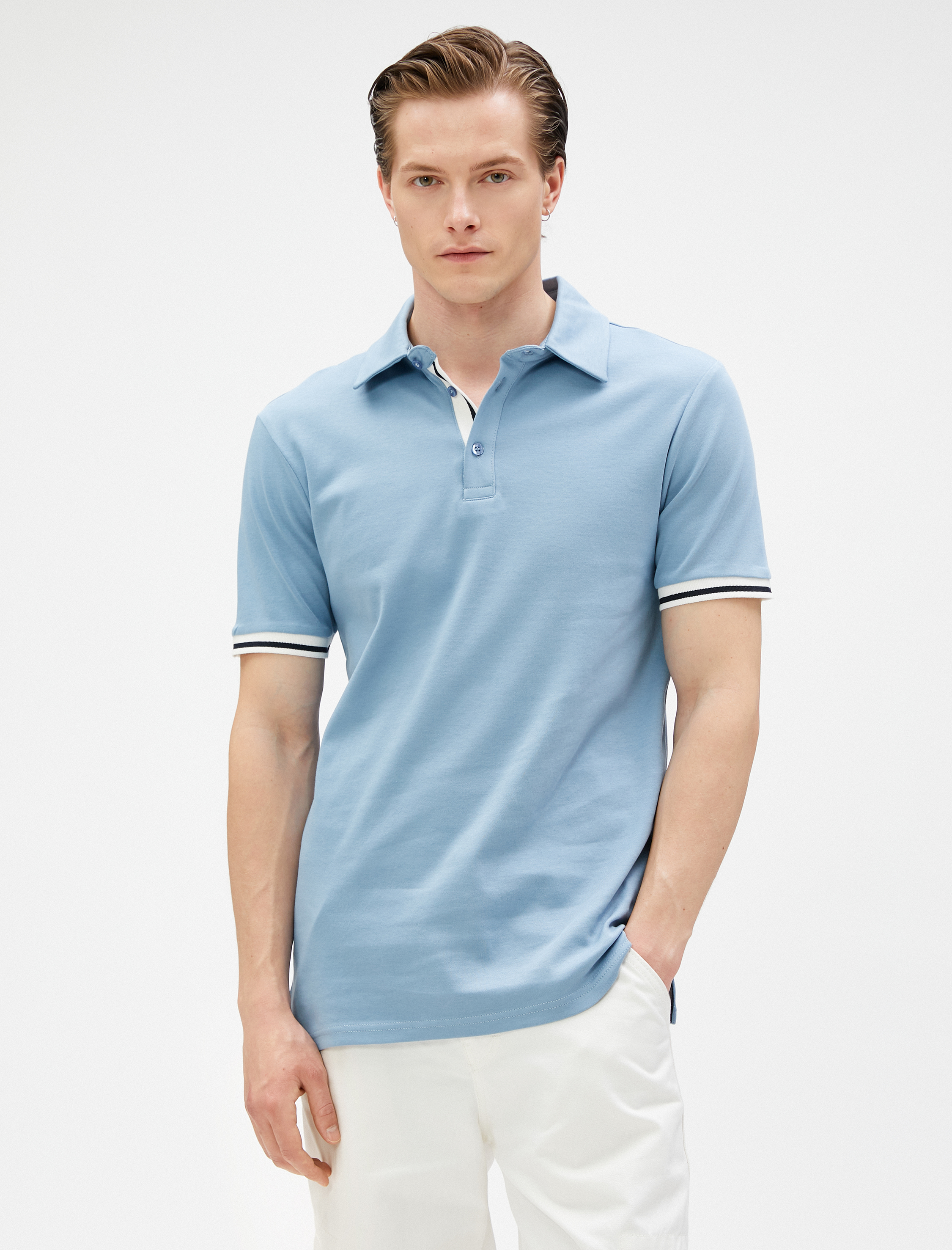 Basic Polo Tişört Düğmeli Dar Kesim Kısa Kollu Pamuklu