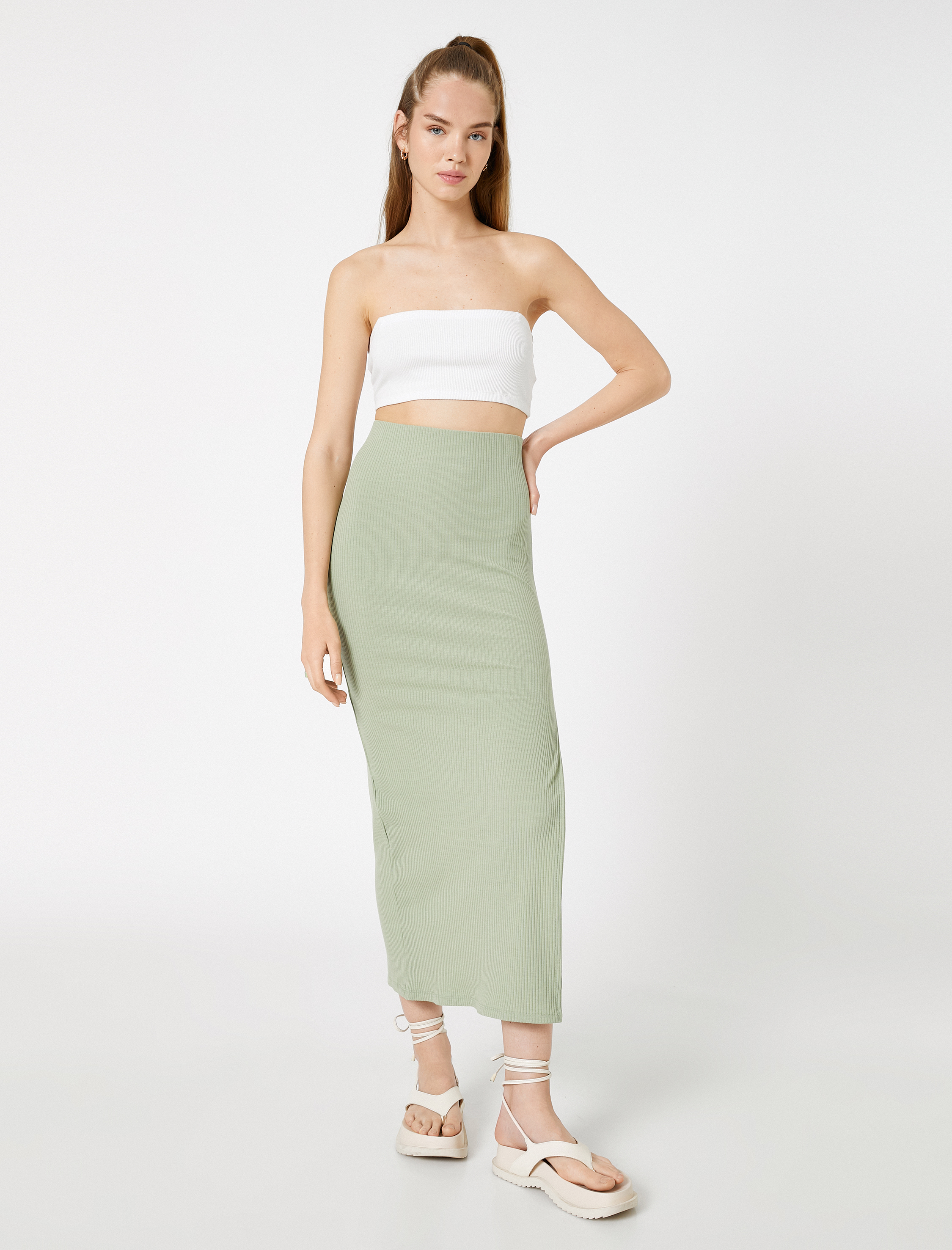   Midi Etek Yırtmaçlı Fitilli Viskon Karışımlı Normal Bel