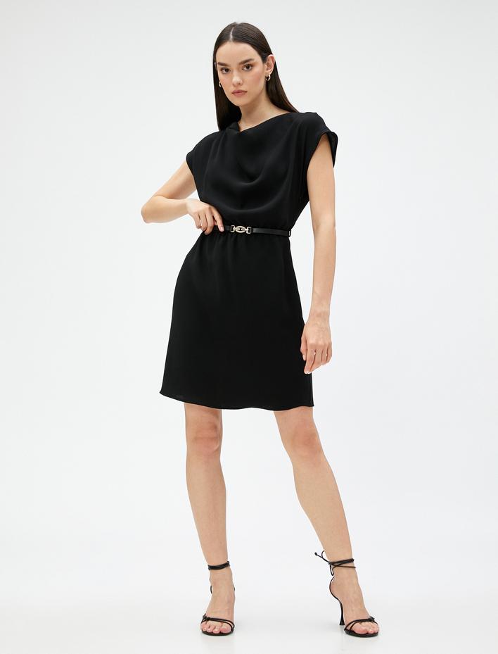  Mini Elbise Degaje Yaka Kemerli Kısa Kollu