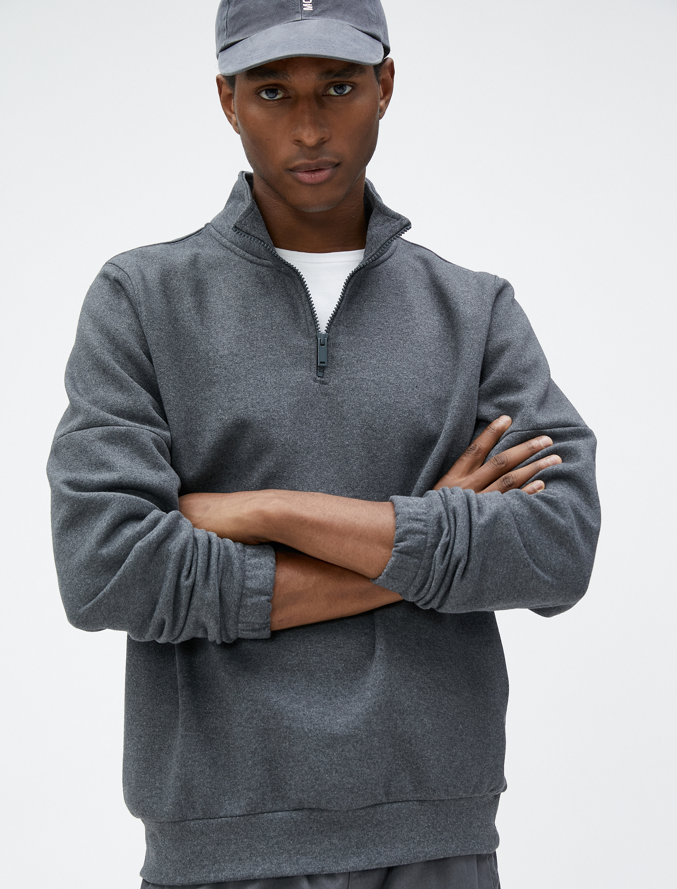   Basic Sweat Yarım Fermuarlı Dik Yaka Uzun Kollu Şardonlu