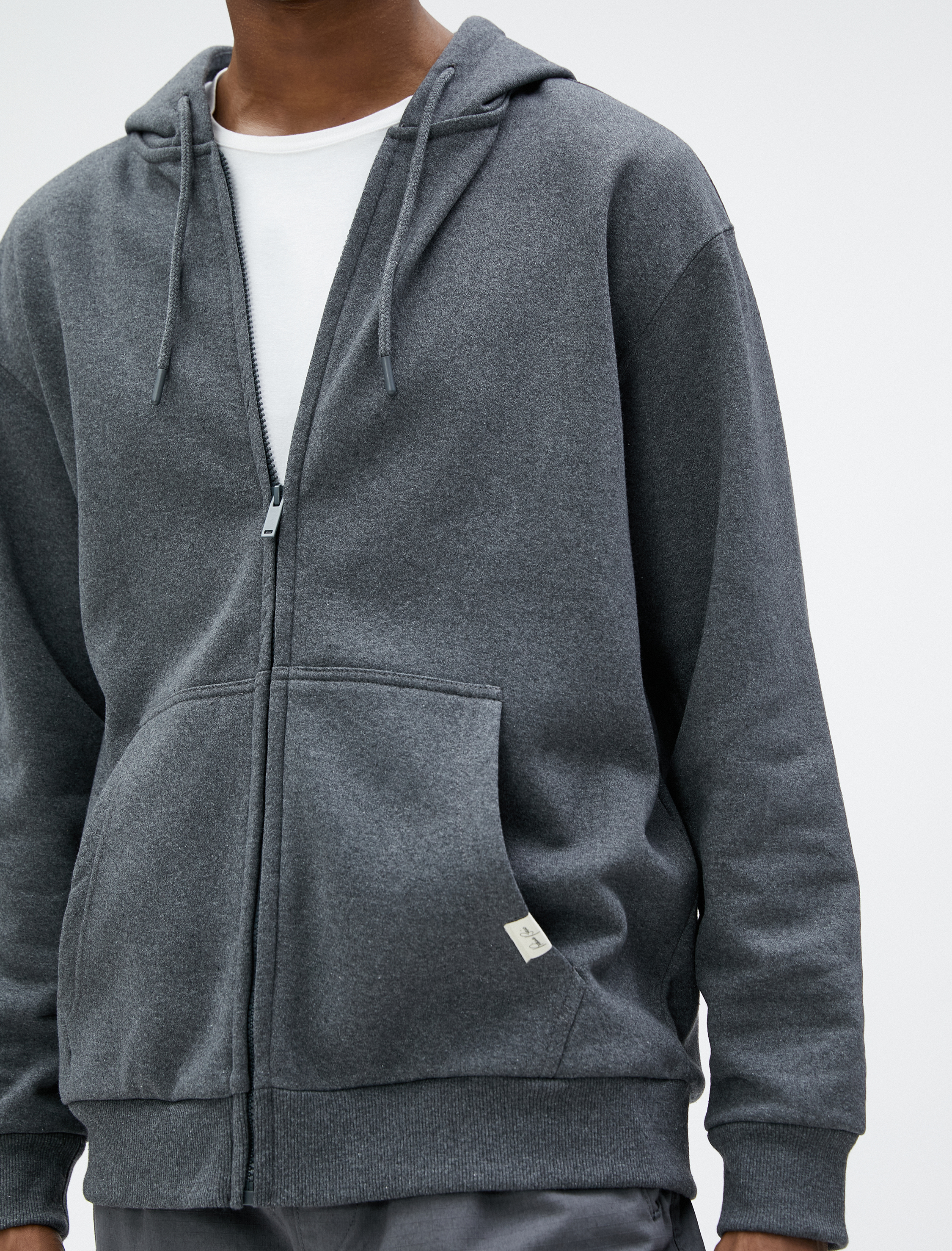 Oversize Fermuarlı Sweatshirt Kapşonlu Cep Detaylı Etiket Baskılı Şardonlu