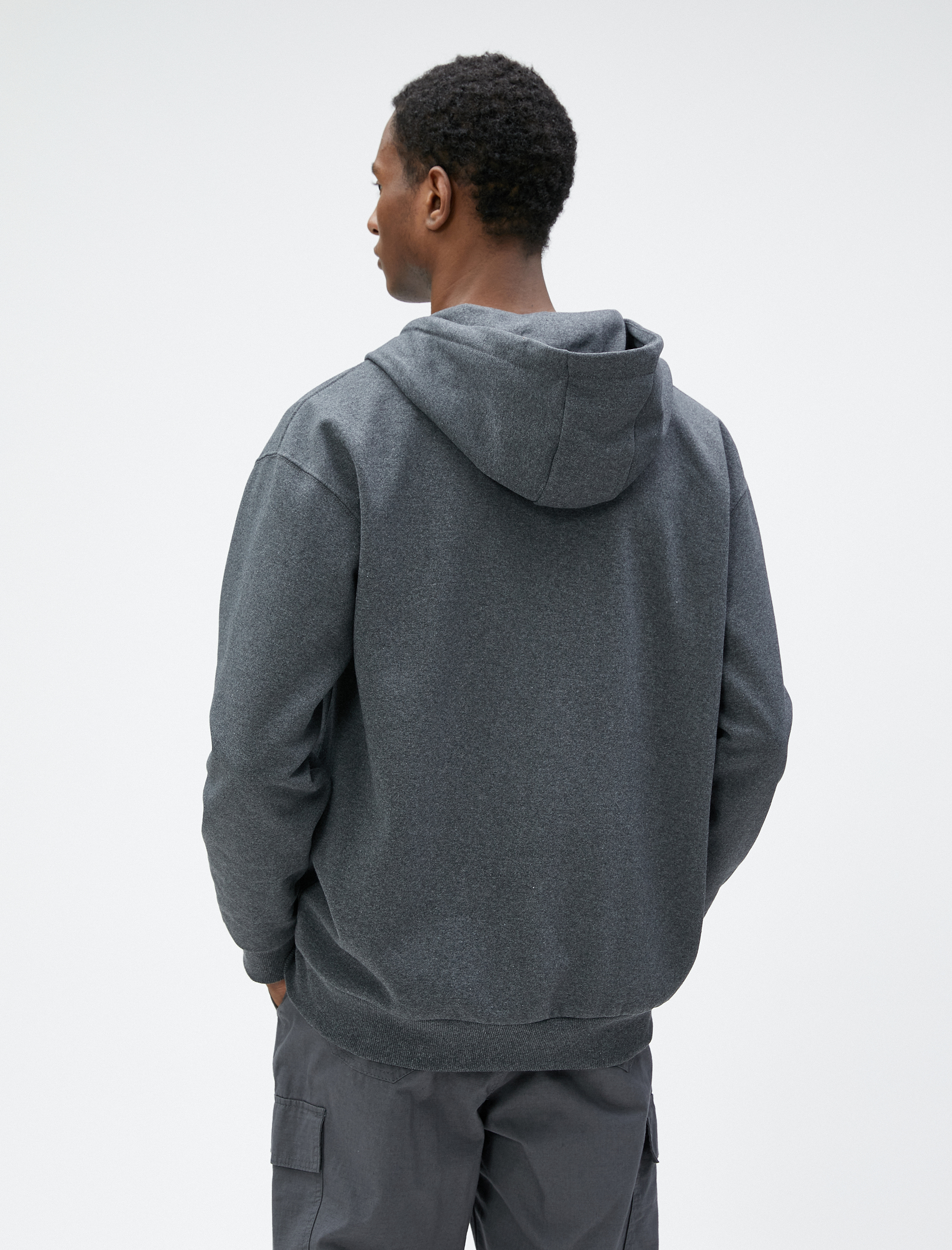 Oversize Fermuarlı Sweatshirt Kapşonlu Cep Detaylı Etiket Baskılı Şardonlu
