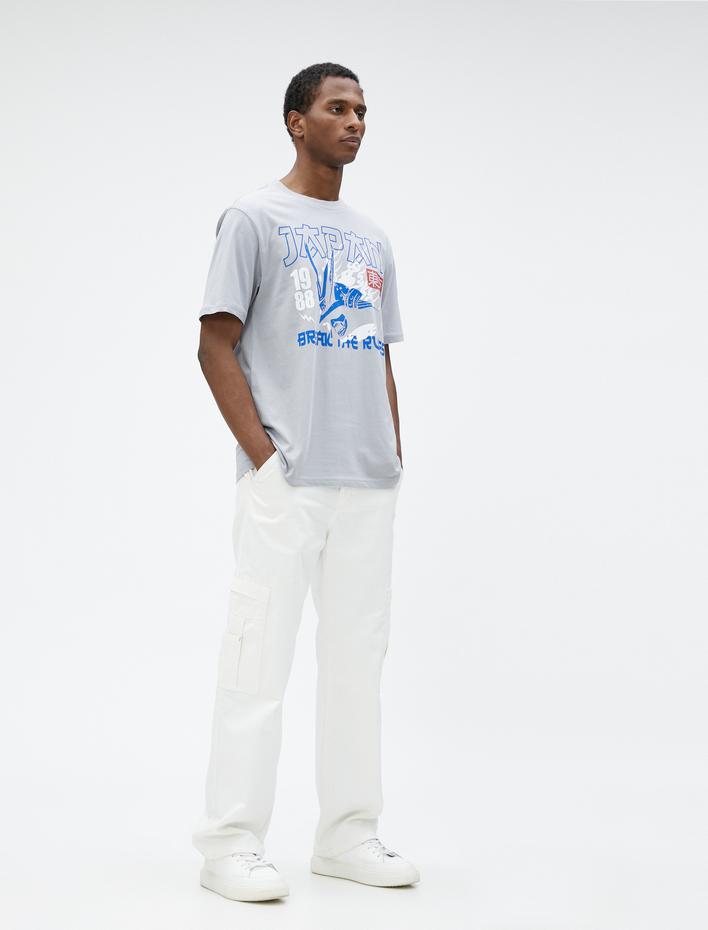  Uzakdoğu Baskılı Tişört Bisiklet Yaka Kısa Kollu Pamuklu