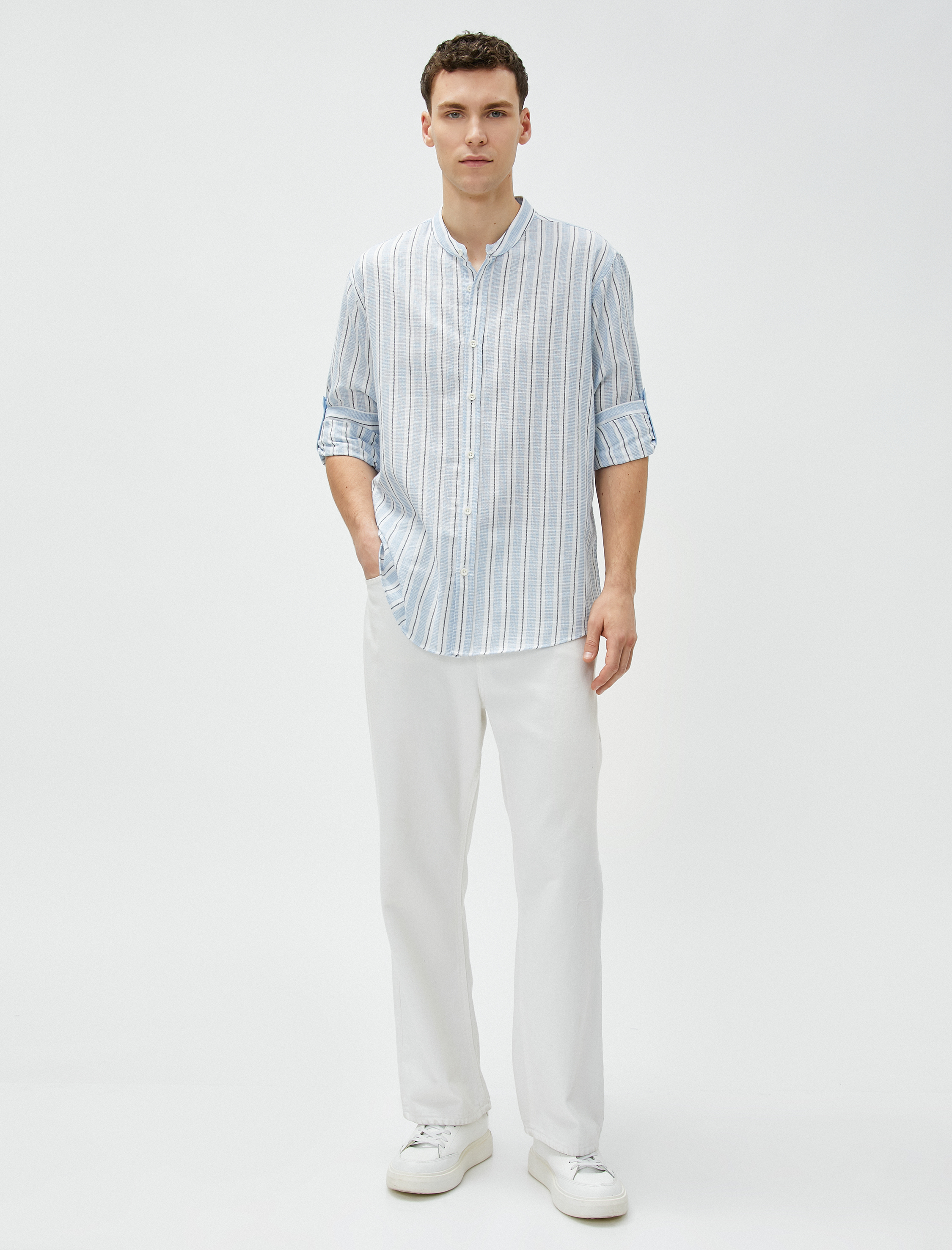   Hakim Yaka Gömlek Uzun Kollu Düğmeli Pamuklu