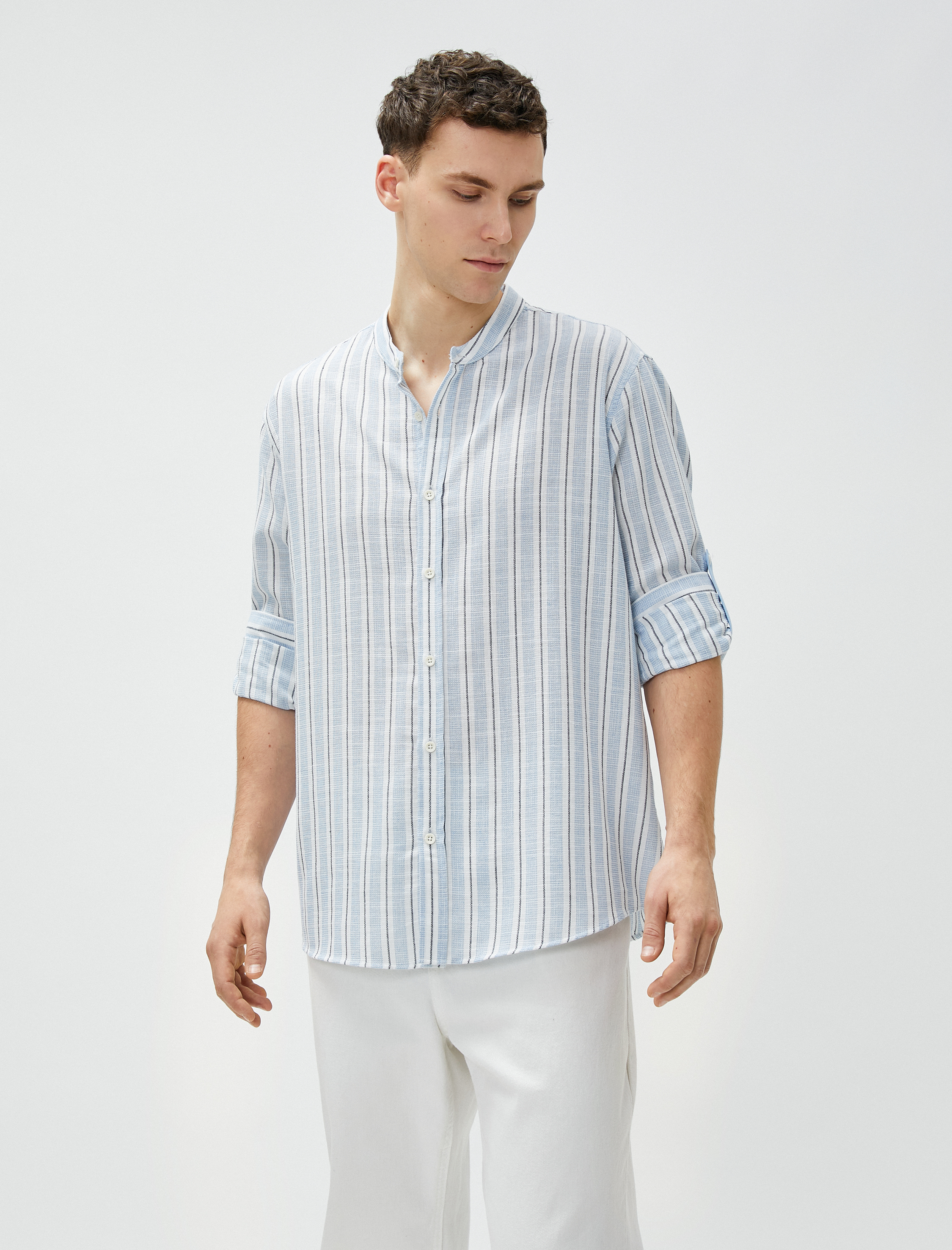   Hakim Yaka Gömlek Uzun Kollu Düğmeli Pamuklu