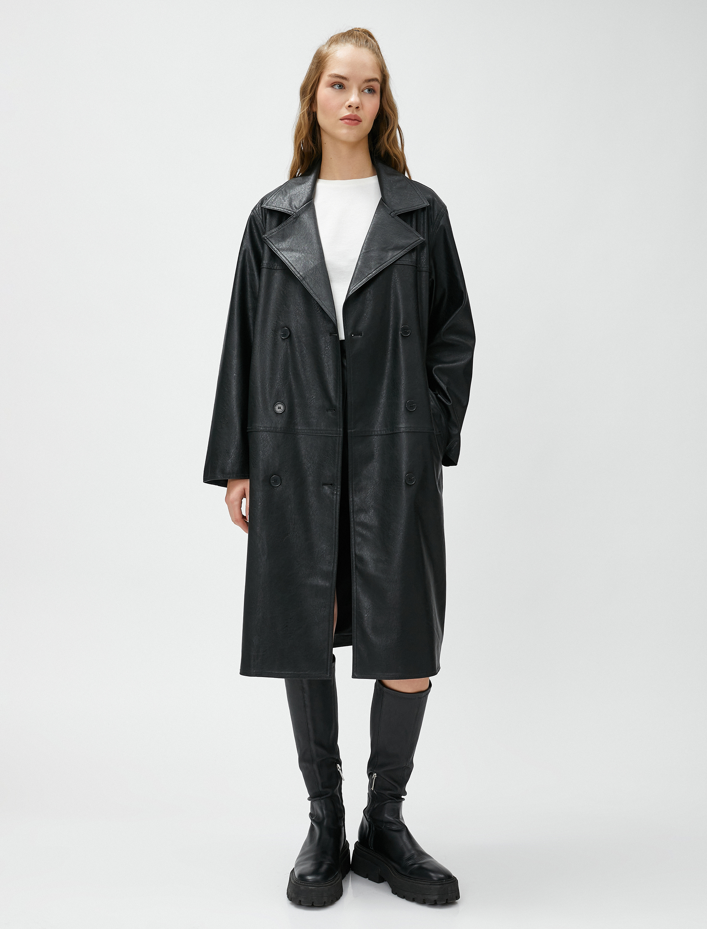 Deri Görünümlü Trençkot Midi Boy Düğmeli Kruvaze Kapama