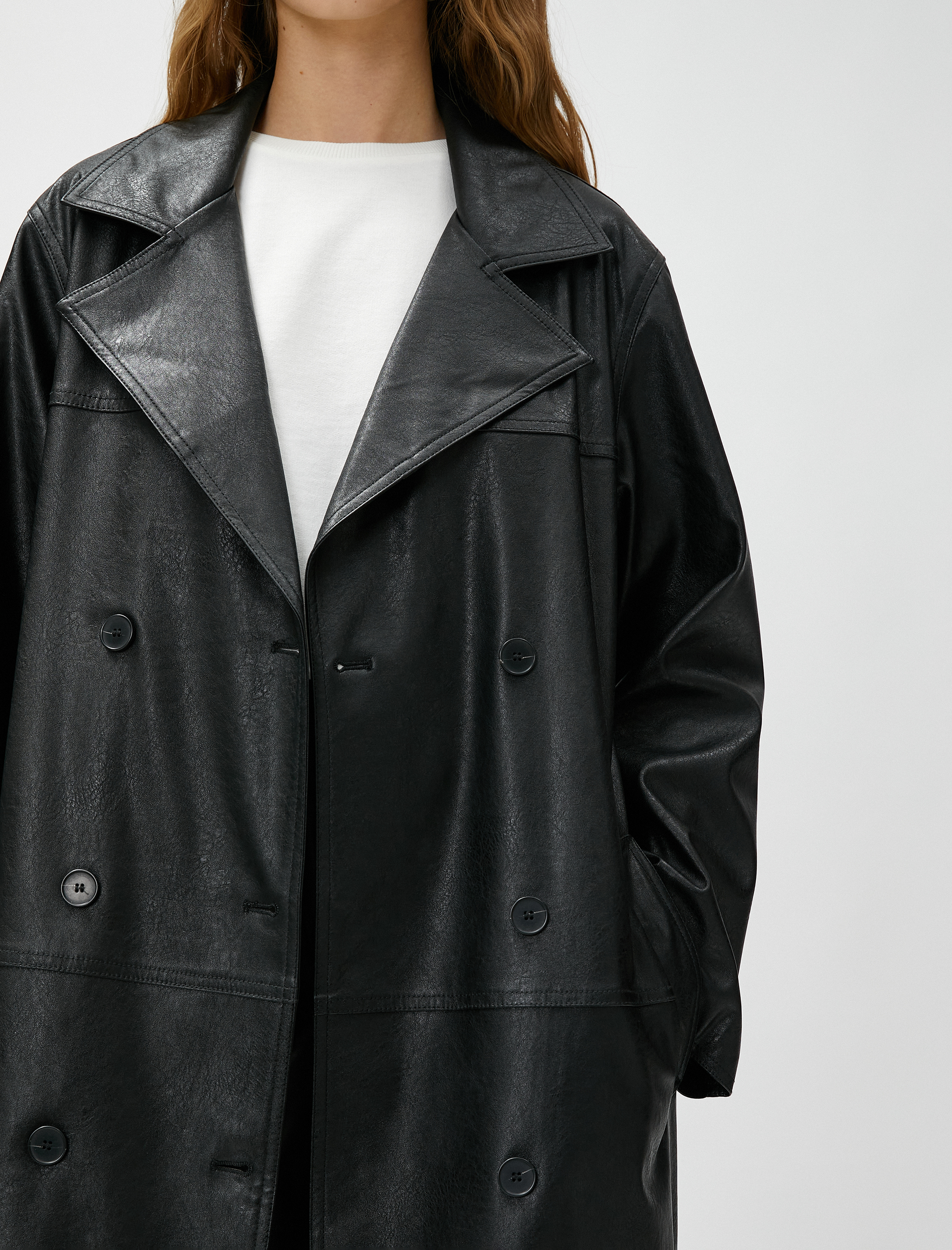 Deri Görünümlü Trençkot Midi Boy Düğmeli Kruvaze Kapama