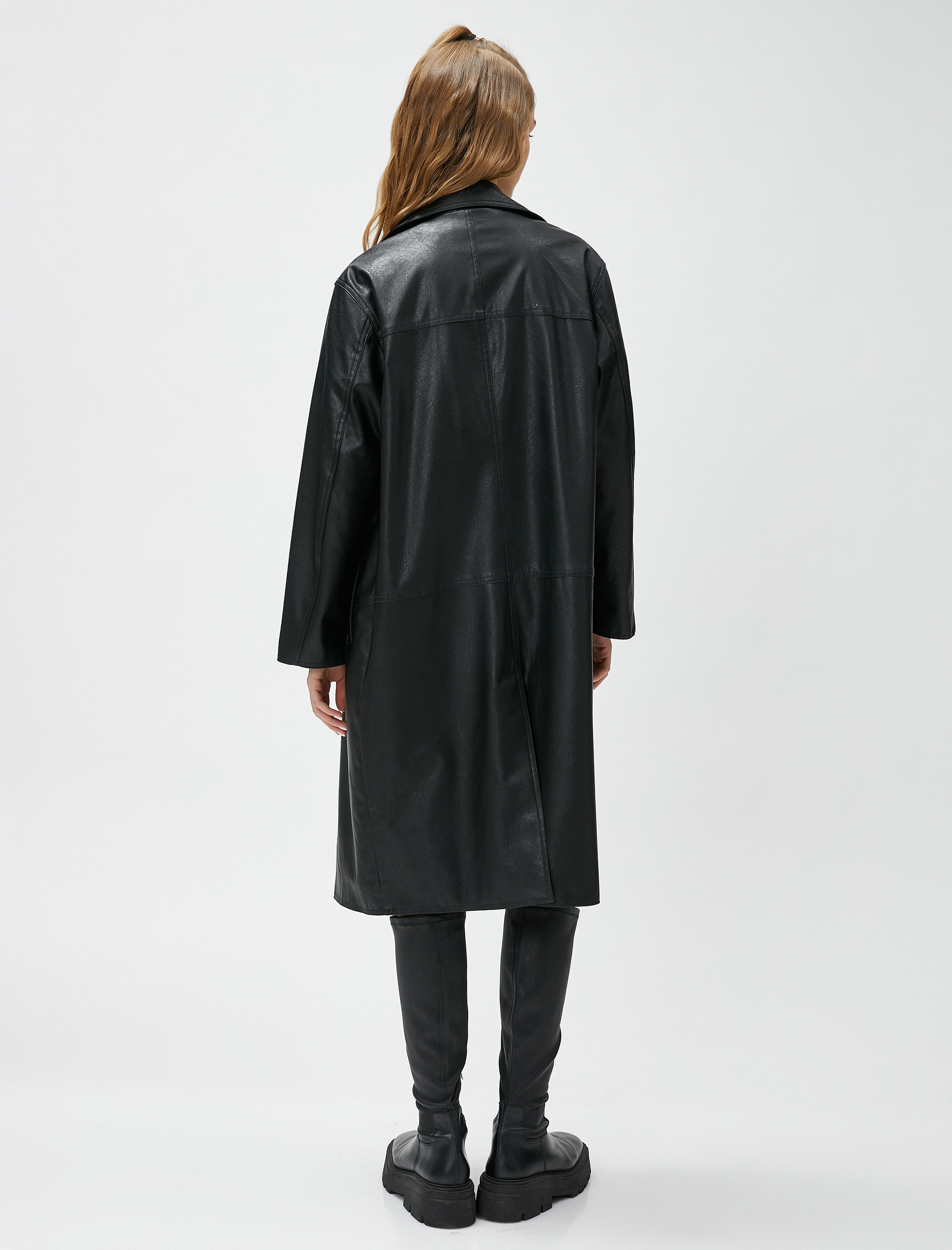 Deri Görünümlü Trençkot Midi Boy Düğmeli Kruvaze Kapama