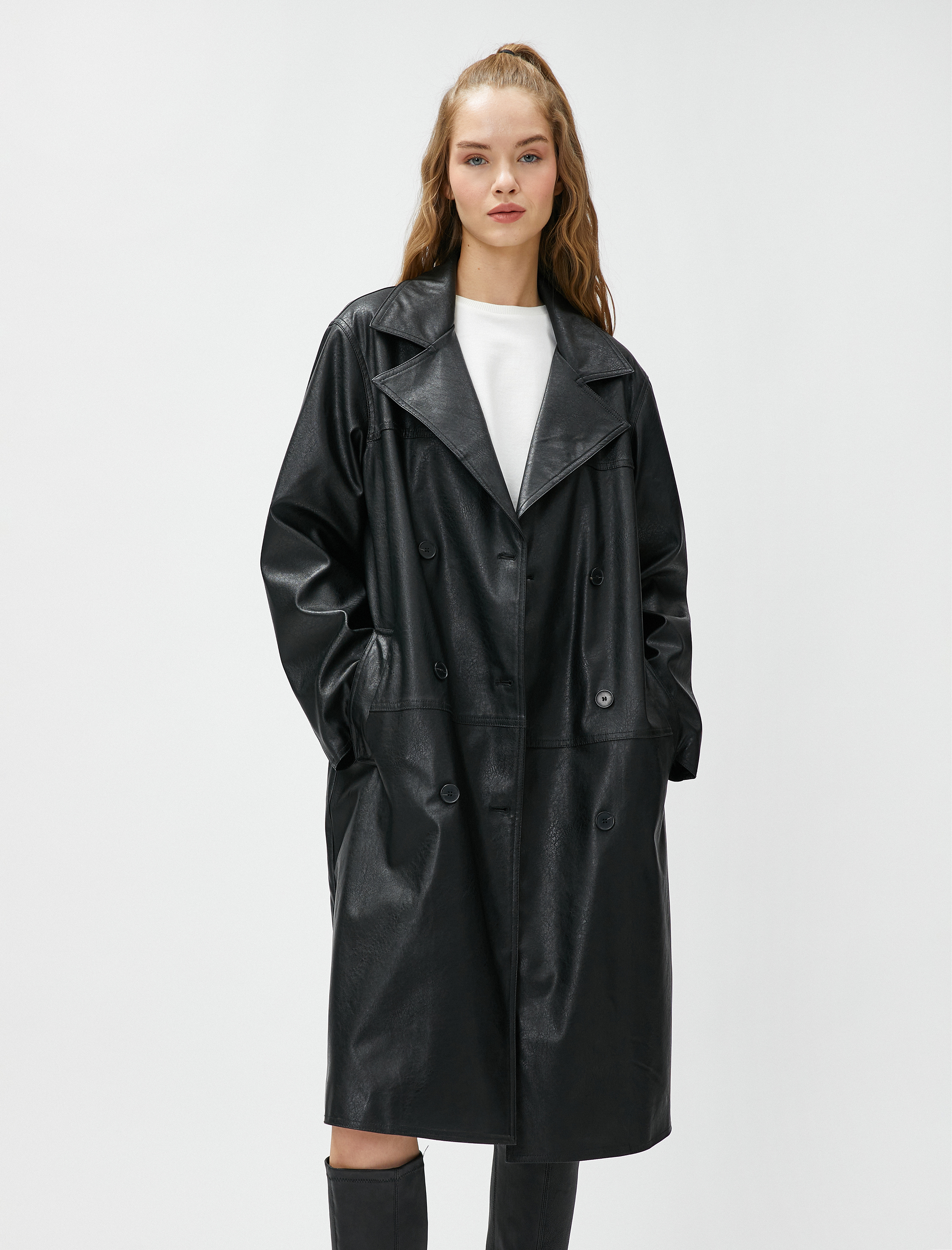 Deri Görünümlü Trençkot Midi Boy Düğmeli Kruvaze Kapama