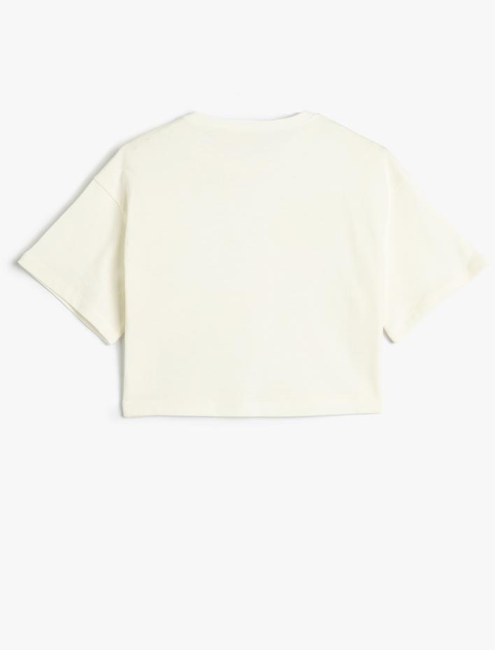 Kız Çocuk Oversize Tişört Crop Kısa Kollu Dantel Aplike Detaylı Pamuklu