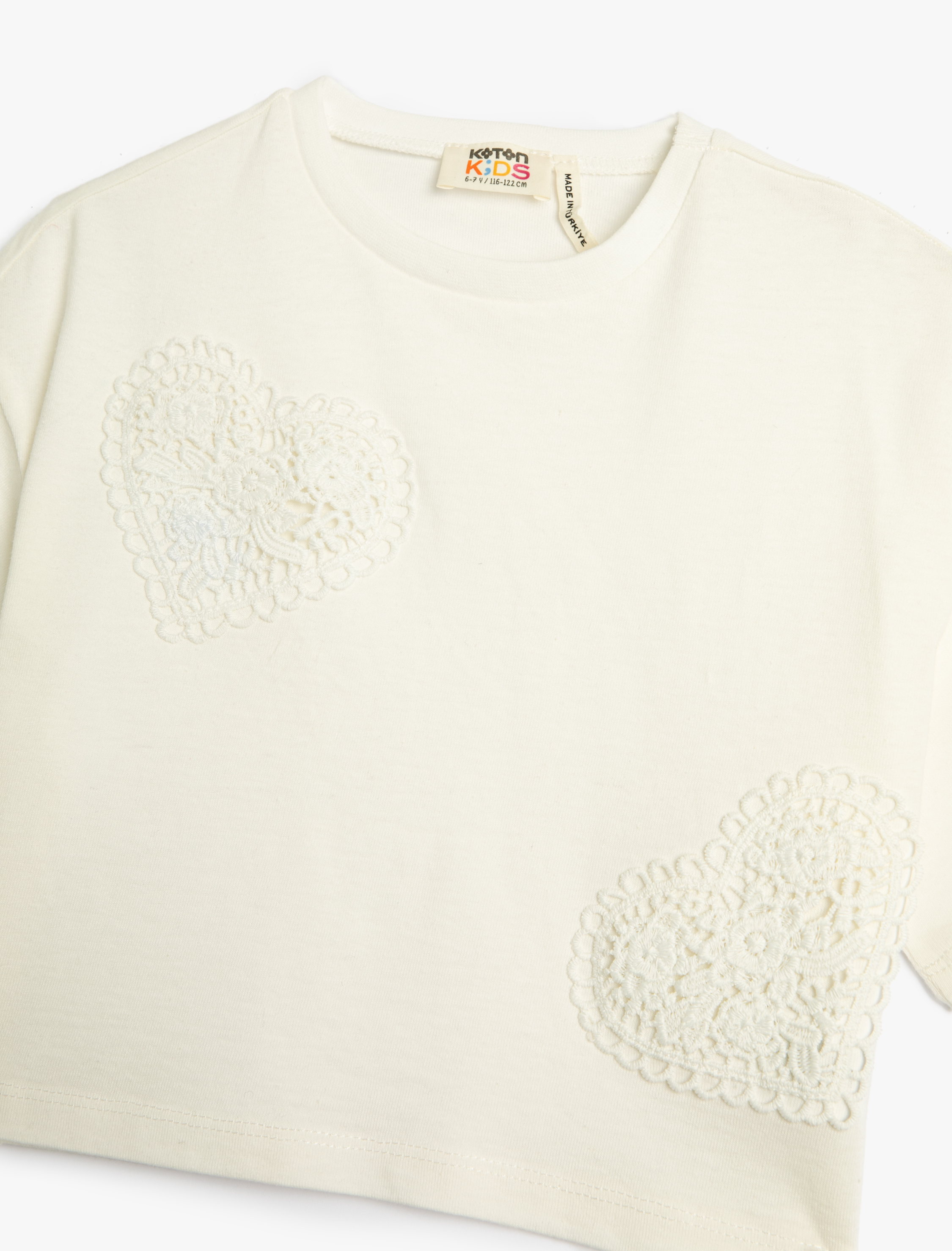  Kız Çocuk Oversize Tişört Crop Kısa Kollu Dantel Aplike Detaylı Pamuklu