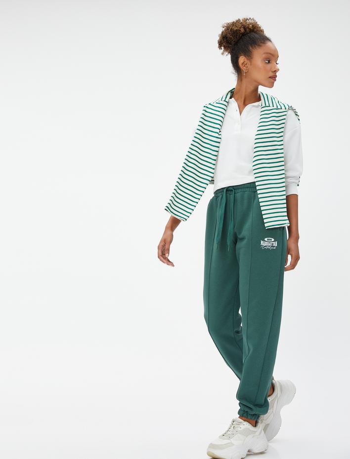  Şardonlu Jogger Eşofman Altı Kolej Baskılı Nervürlü Beli Bağcıklı