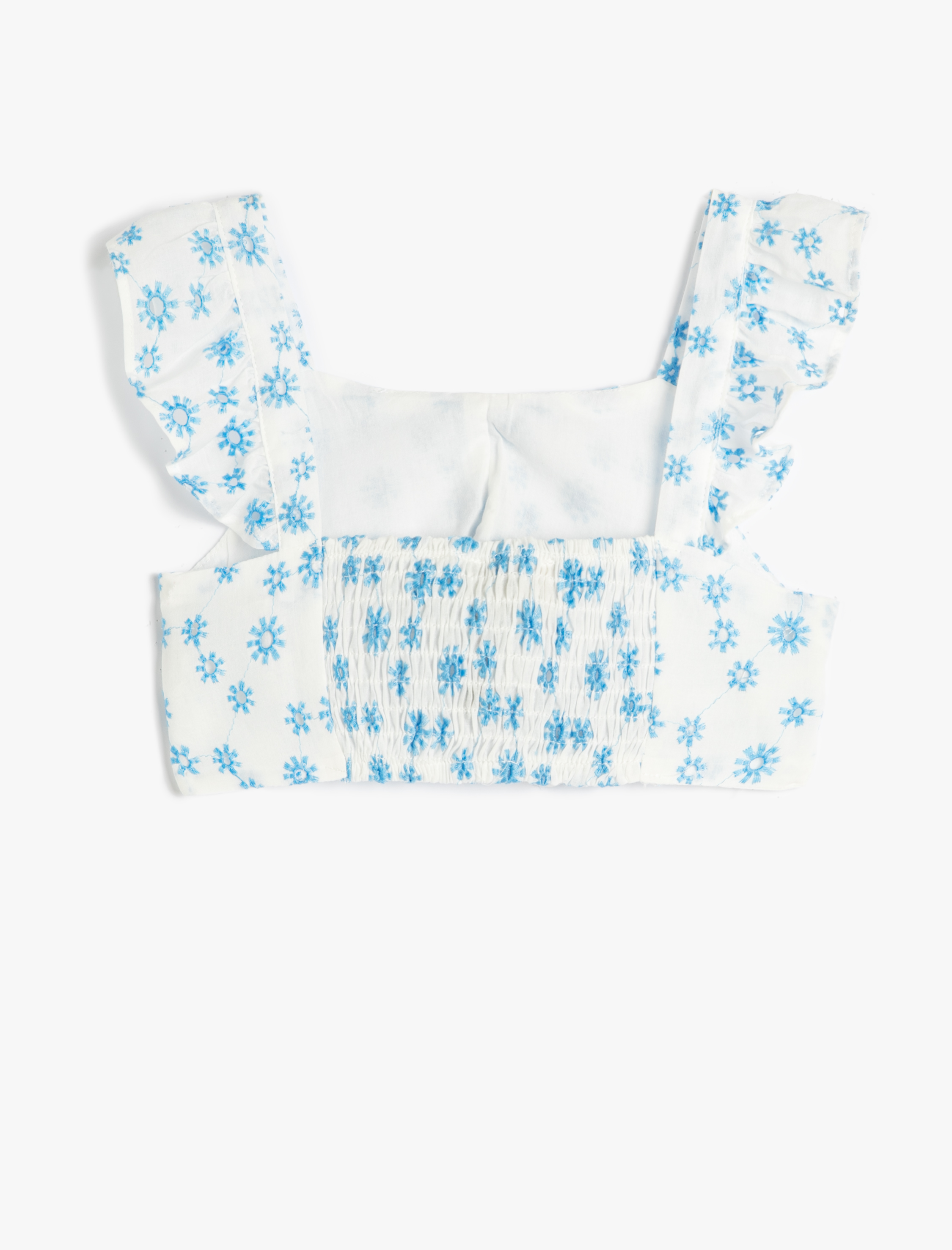  Kız Çocuk Crop Bluz Çiçekli Fisto İşlemeli Fırfırlı Kolsuz