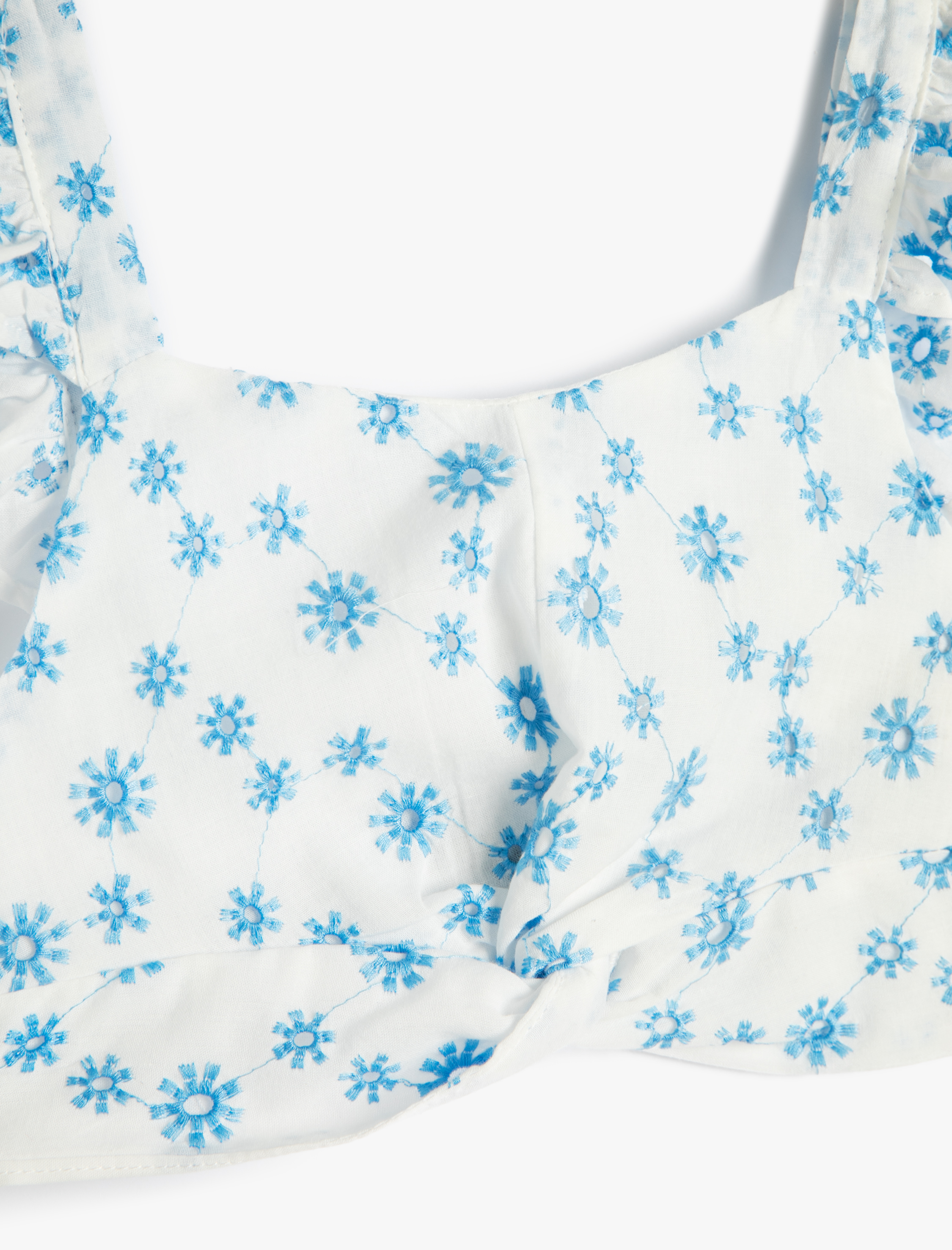  Kız Çocuk Crop Bluz Çiçekli Fisto İşlemeli Fırfırlı Kolsuz