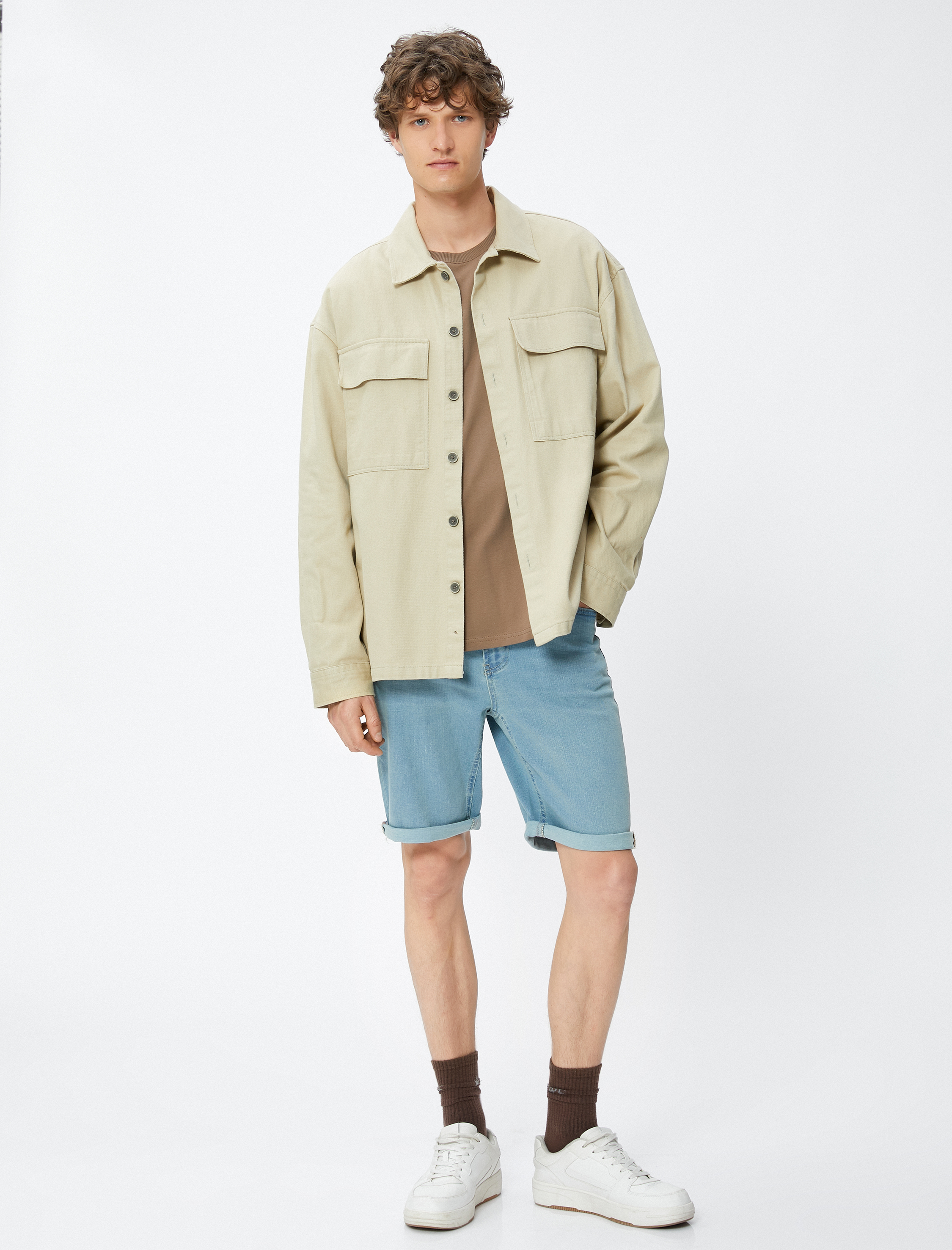   Kot Şort Bermuda Dar Kesim Katlama Detaylı Düğmeli