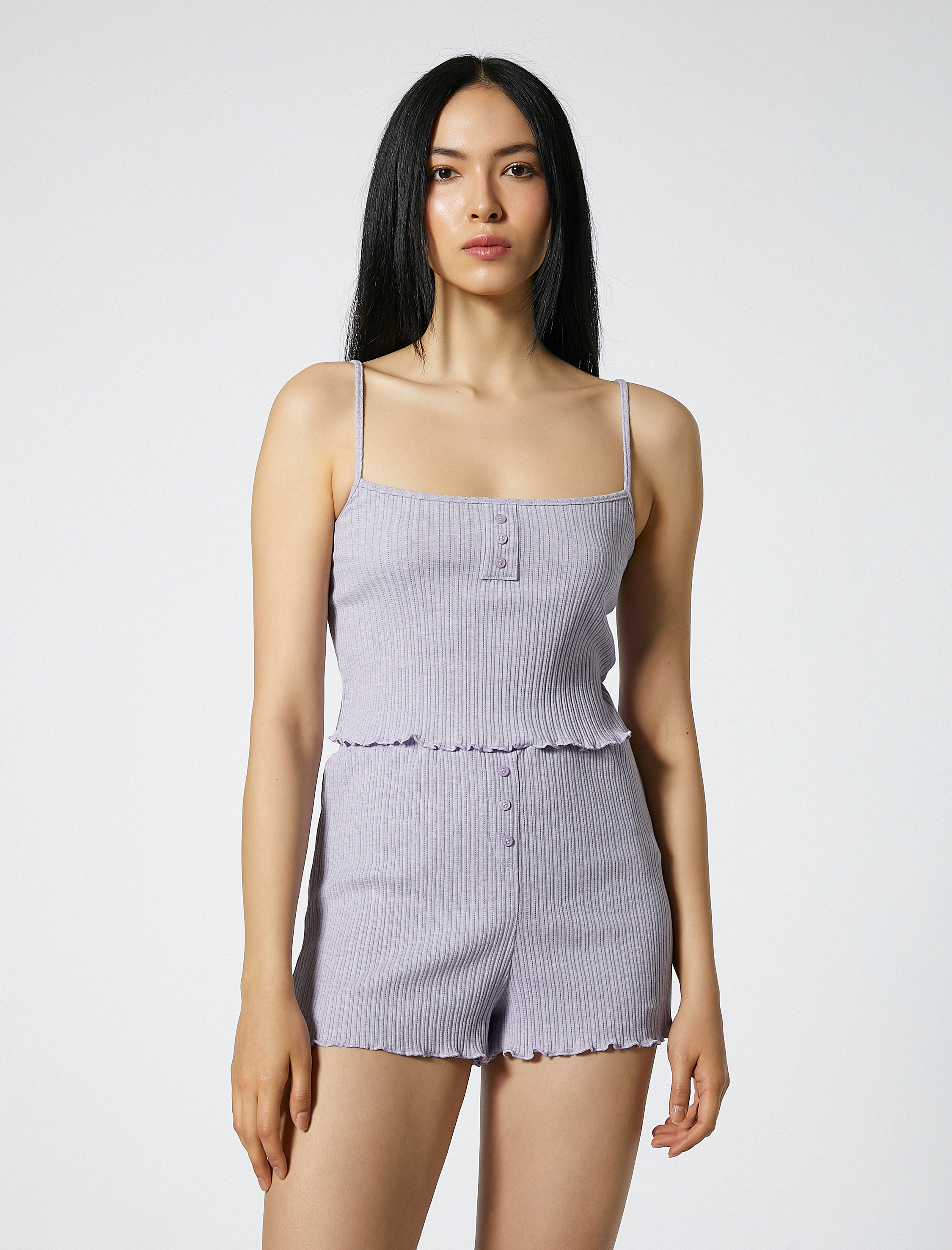 Askılı Pijama Üstü Crop Düğmeli Fitilli