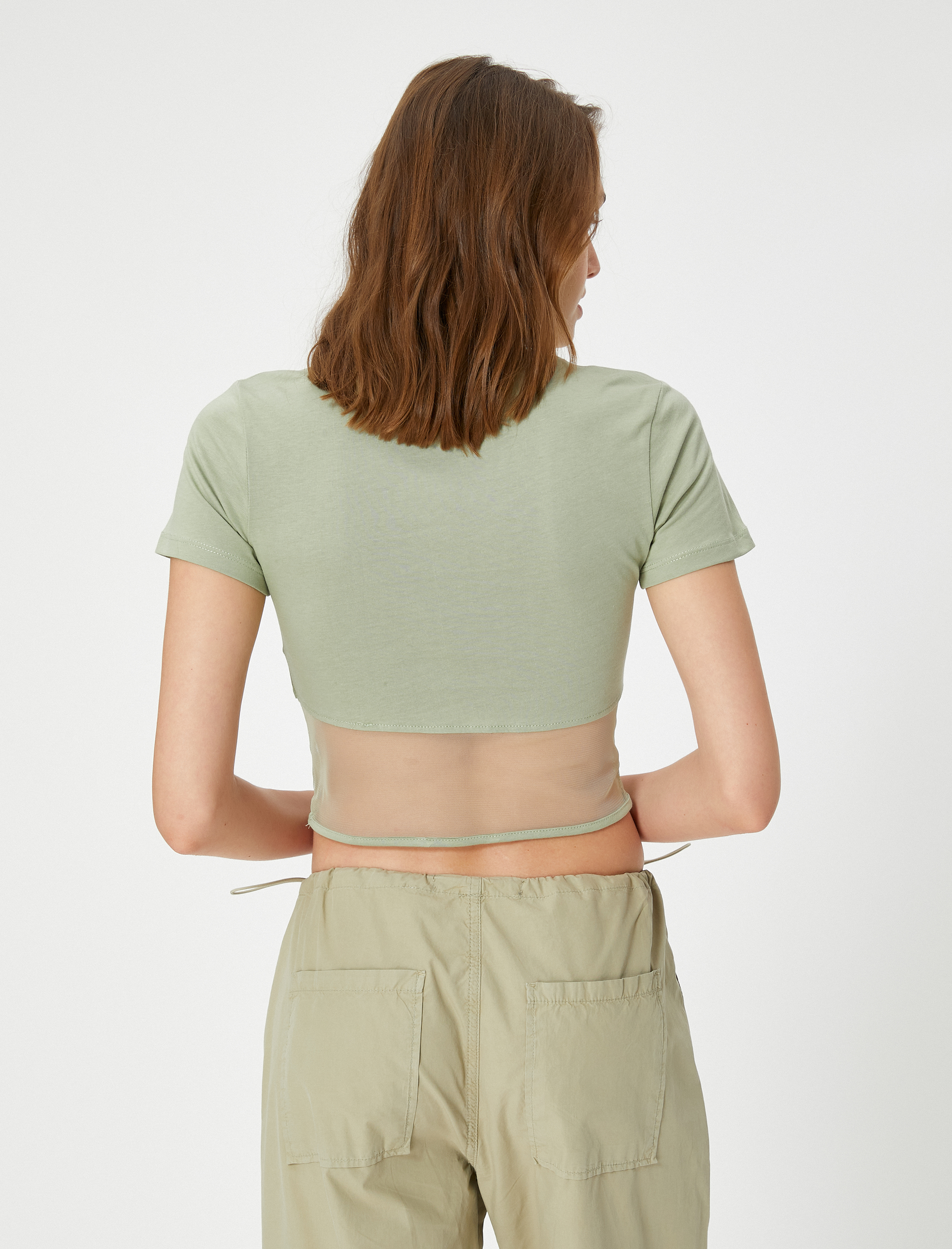   Crop Tişört Korse ve Tül Detaylı