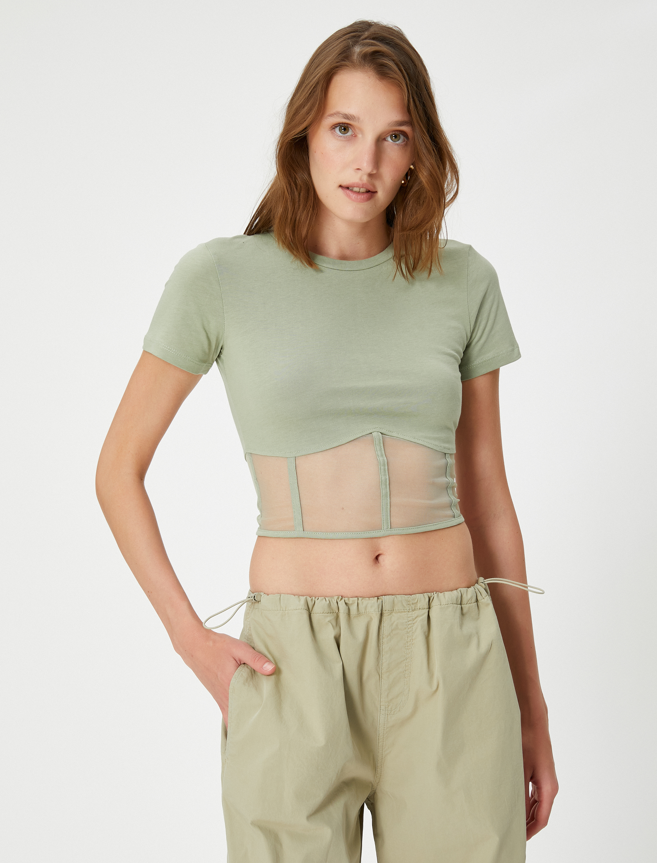   Crop Tişört Korse ve Tül Detaylı