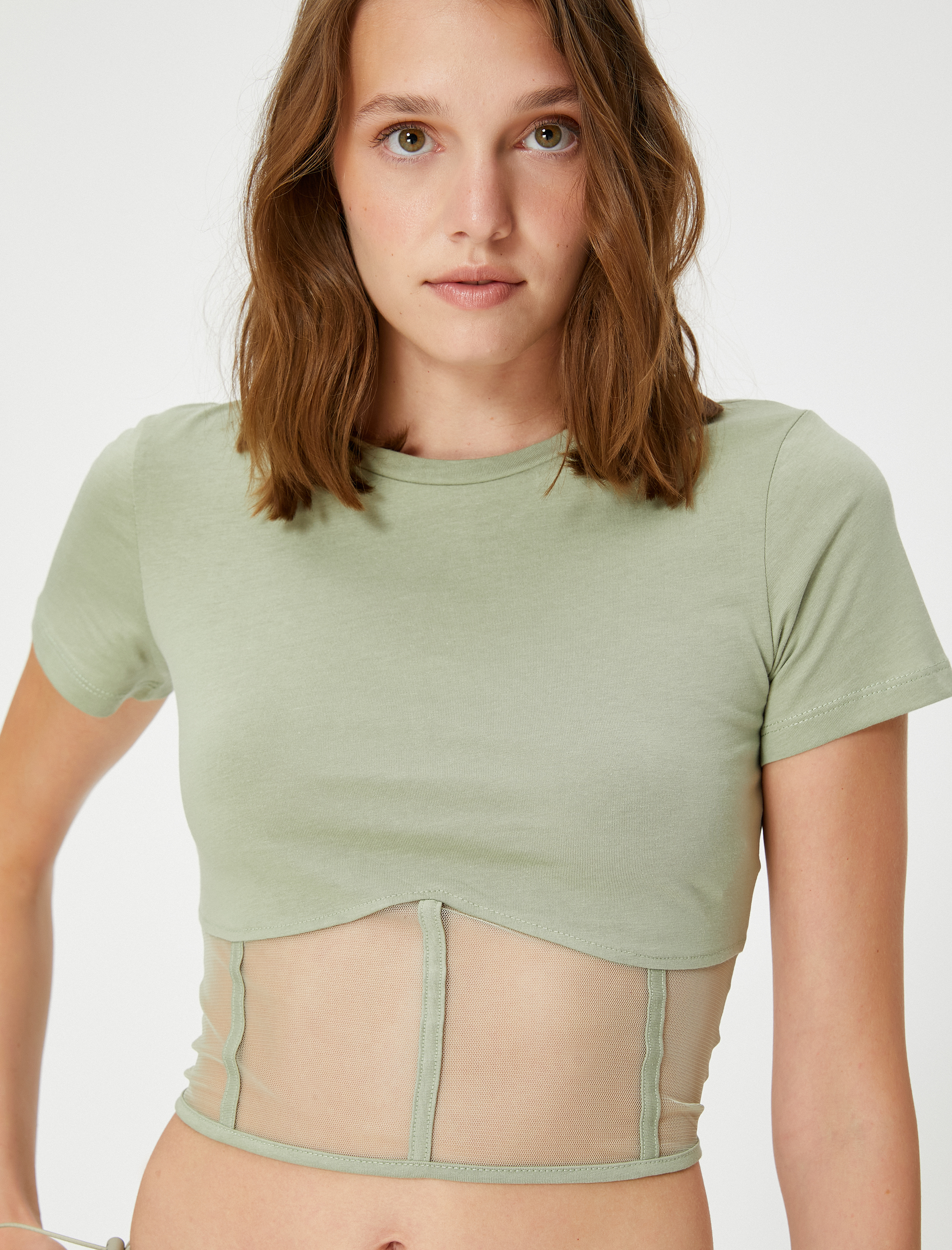   Crop Tişört Korse ve Tül Detaylı