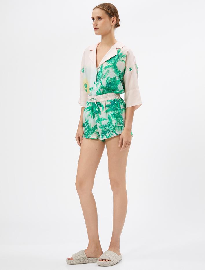  Pijama Altı Şort Tropikal Desenli Beli Bağcıklı Liyosel