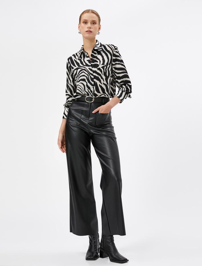  Zebra Desenli Gömlek Uzun Kollu Cep Detaylı Gizli Düğmeli