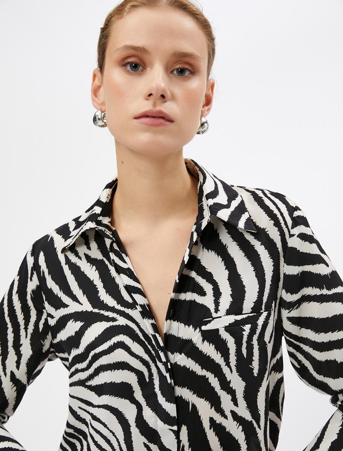  Zebra Desenli Gömlek Uzun Kollu Cep Detaylı Gizli Düğmeli