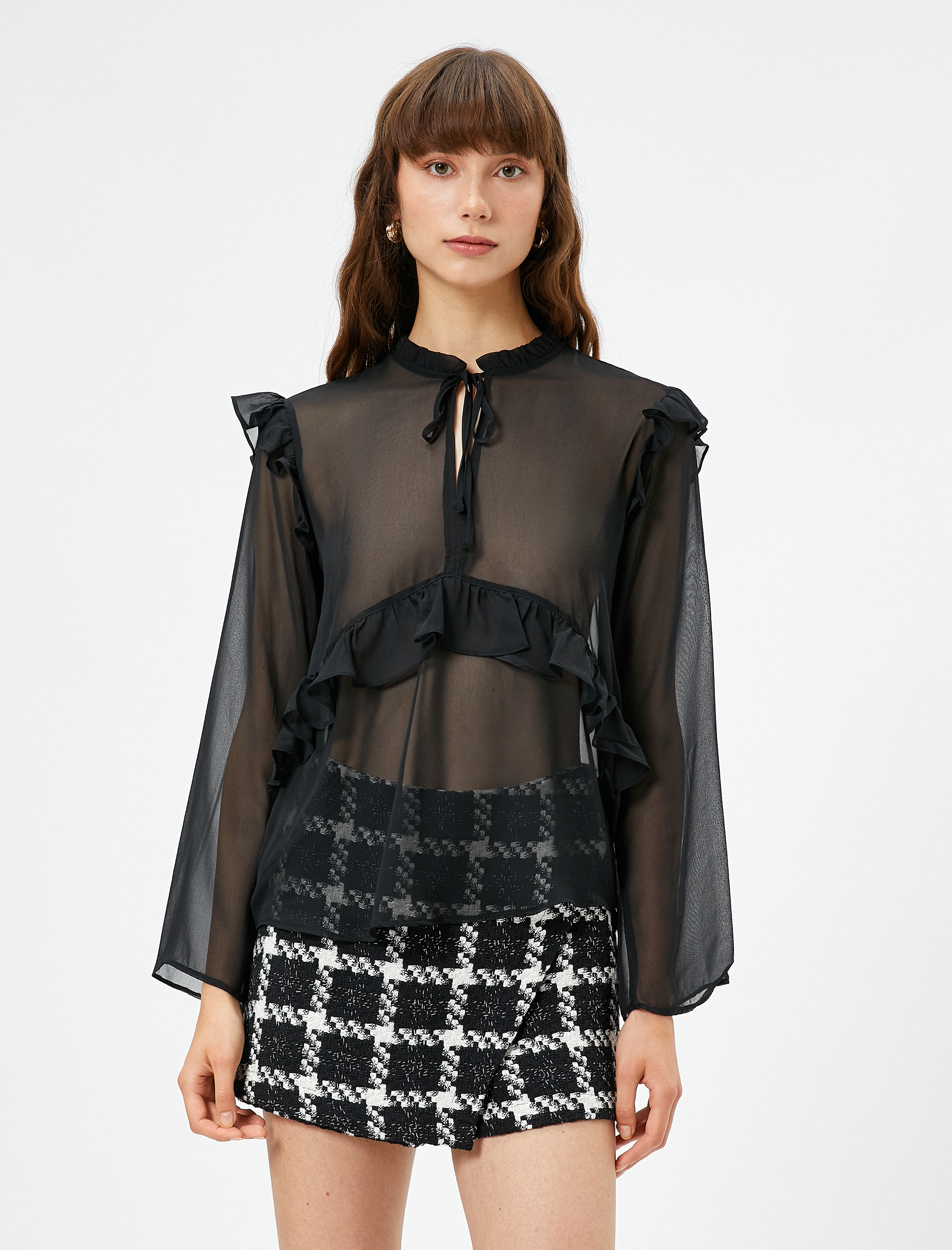 Şifon Gömlek Fırfırlı Bağlama Detaylı Uzun Kollu