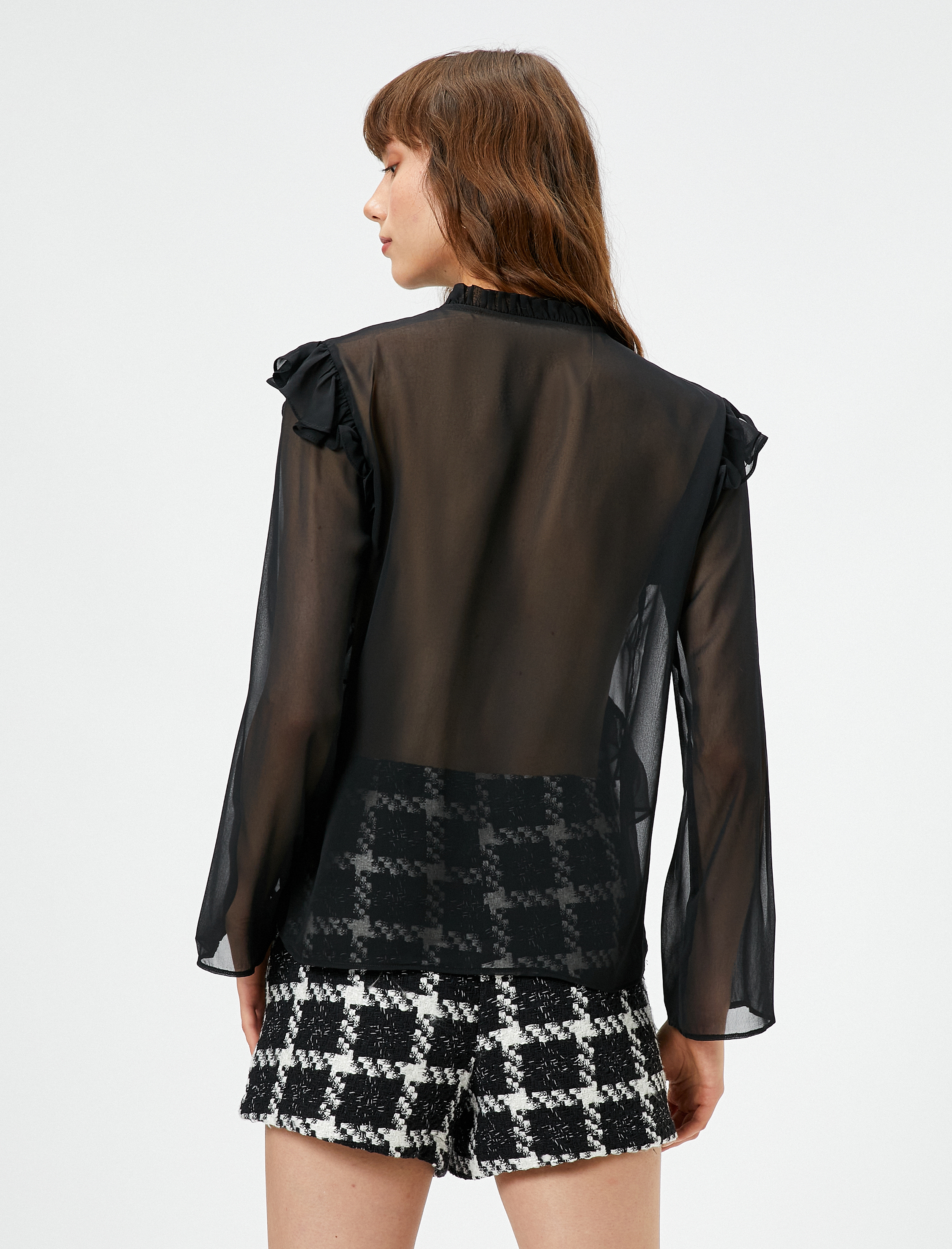 Şifon Gömlek Fırfırlı Bağlama Detaylı Uzun Kollu