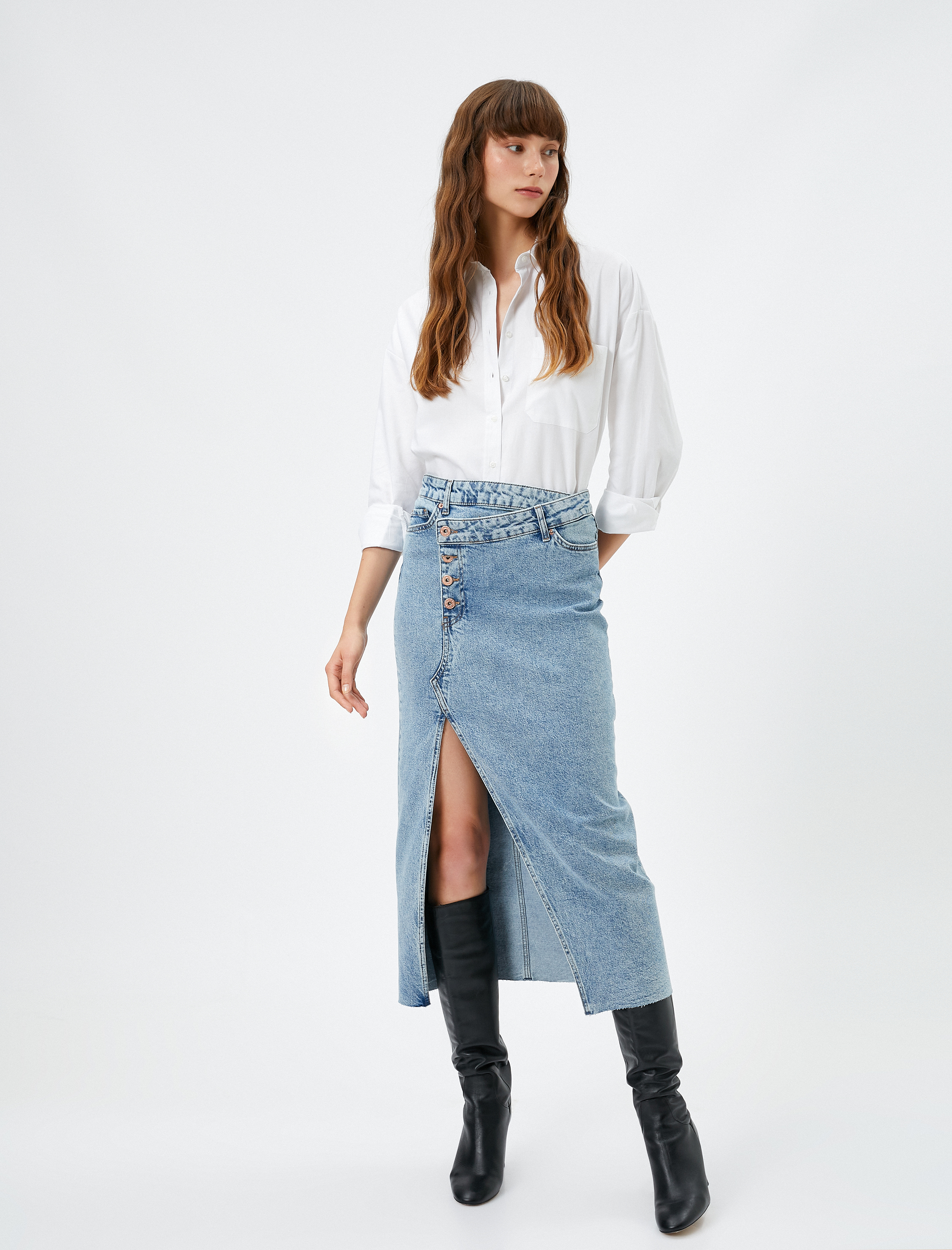   Midi Kot Etek Yırtmaçlı Cep Detaylı Düğmeli Pamuklu