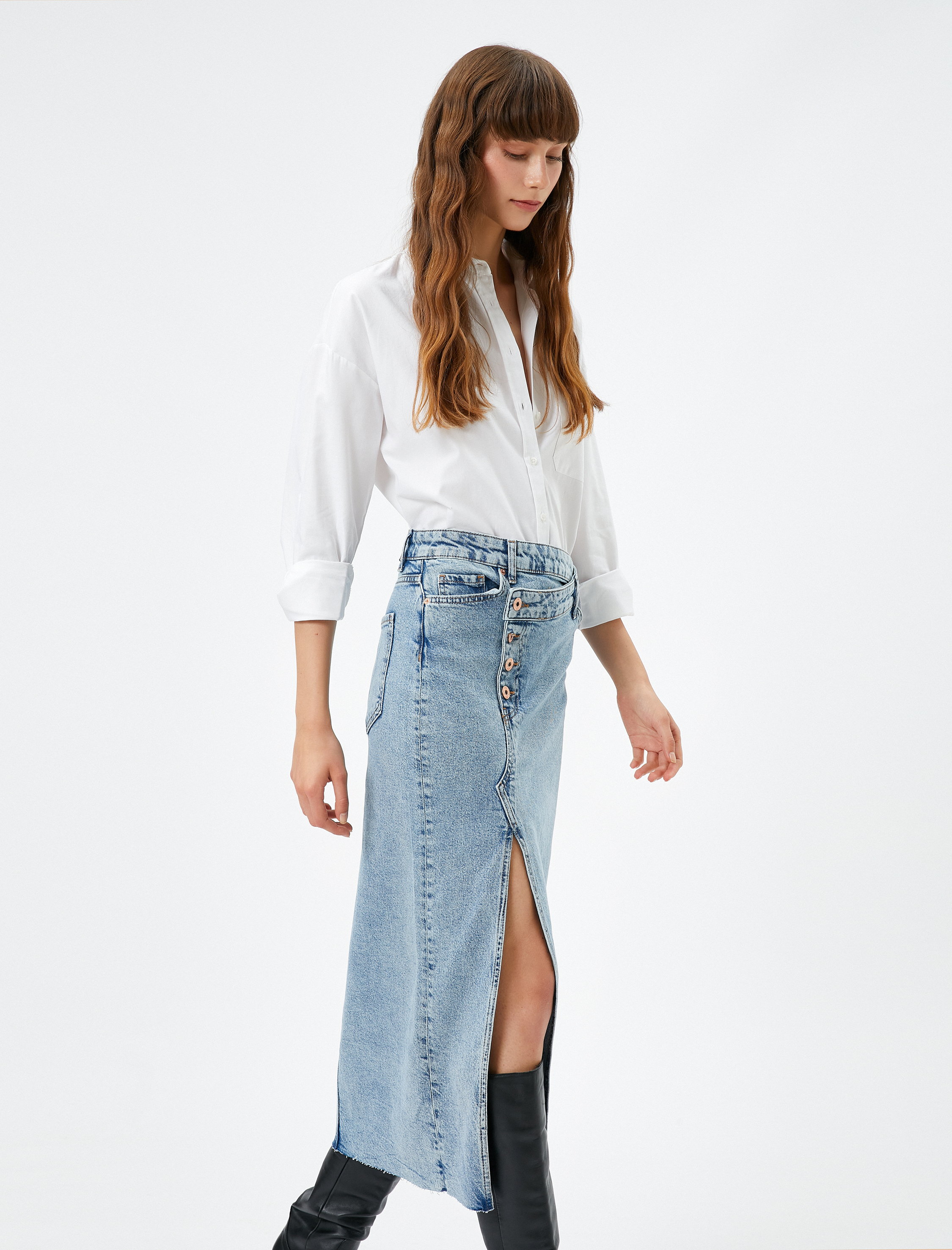   Midi Kot Etek Yırtmaçlı Cep Detaylı Düğmeli Pamuklu