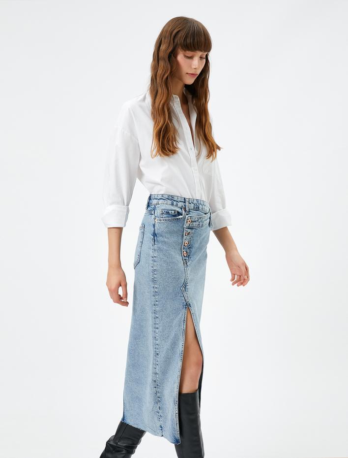  Midi Kot Etek Yırtmaçlı Cep Detaylı Düğmeli Pamuklu