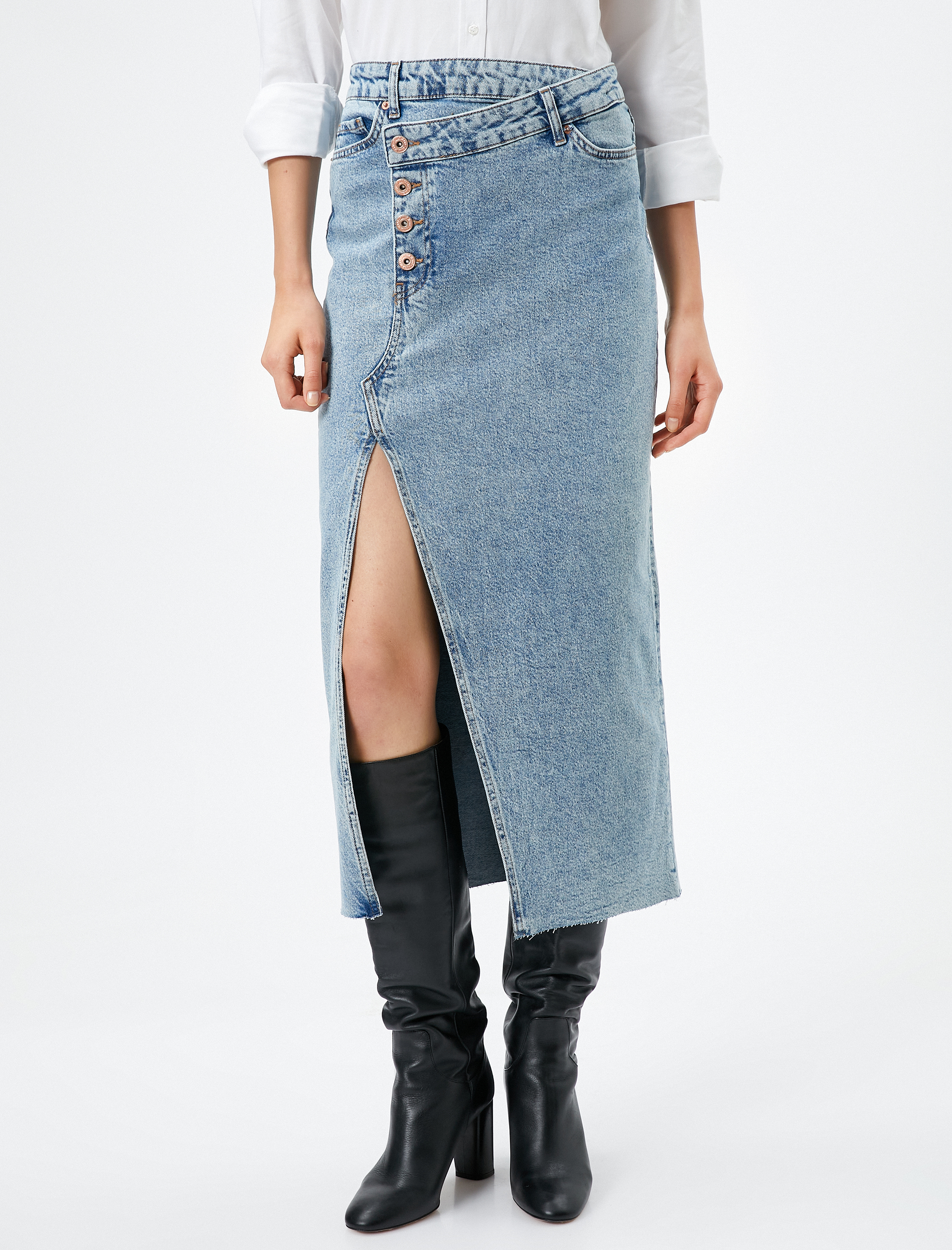   Midi Kot Etek Yırtmaçlı Cep Detaylı Düğmeli Pamuklu