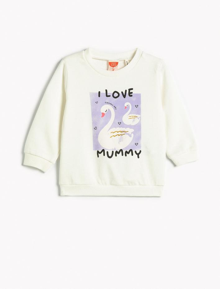 Kız Bebek Sweatshirt Kuğu Baskılı Şardonlu Bisiklet Yaka Pamuklu