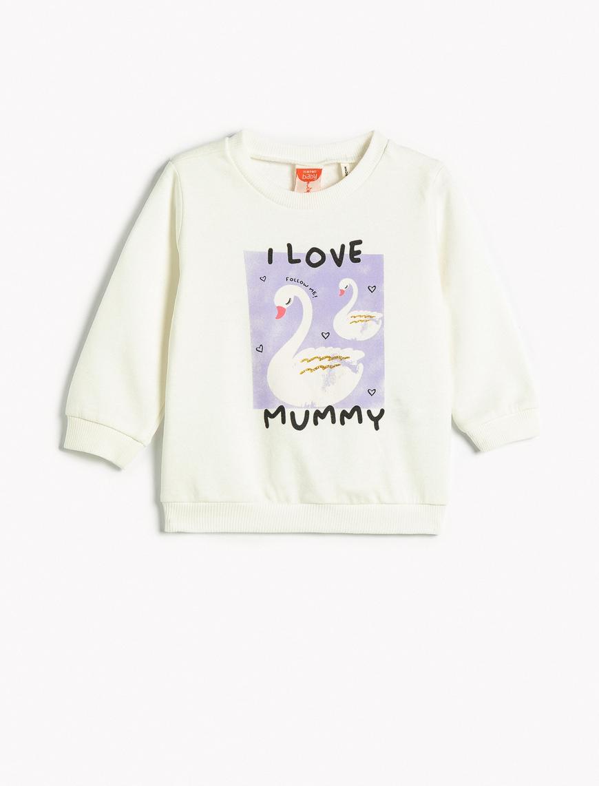  Kız Bebek Sweatshirt Kuğu Baskılı Şardonlu Bisiklet Yaka Pamuklu