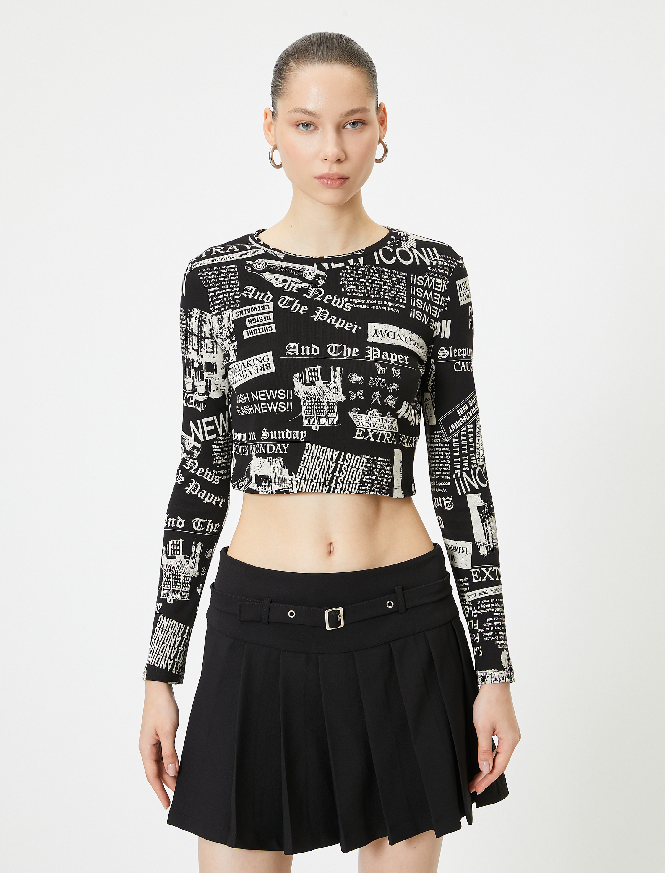   Uzun Kollu Baskılı Crop Tişört Bisiklet Yaka Slim Fit