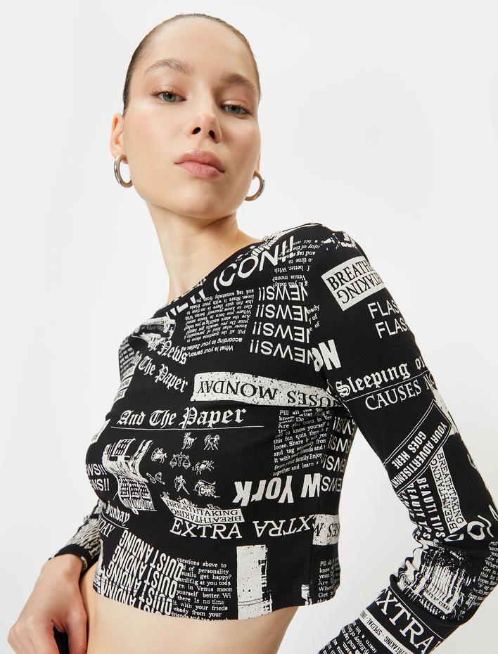  Uzun Kollu Baskılı Crop Tişört Bisiklet Yaka Slim Fit