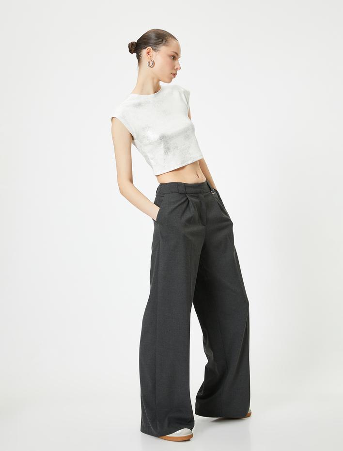  Metalik Varak Baskılı Crop Tişört Kolsuz Bisiklet Yaka