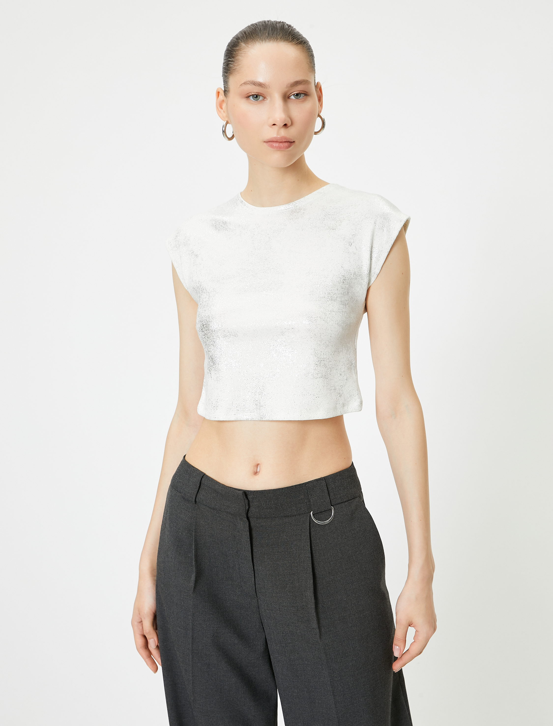   Metalik Varak Baskılı Crop Tişört Kolsuz Bisiklet Yaka