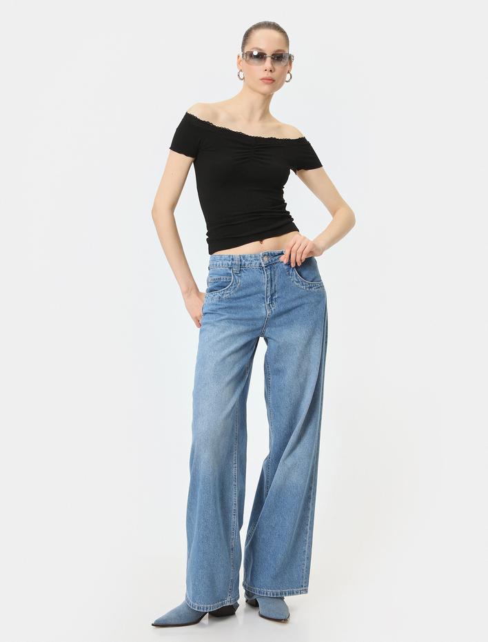  Omzu Açık Body Dantel Detaylı Drapeli Kısa Kollu Slim Fit