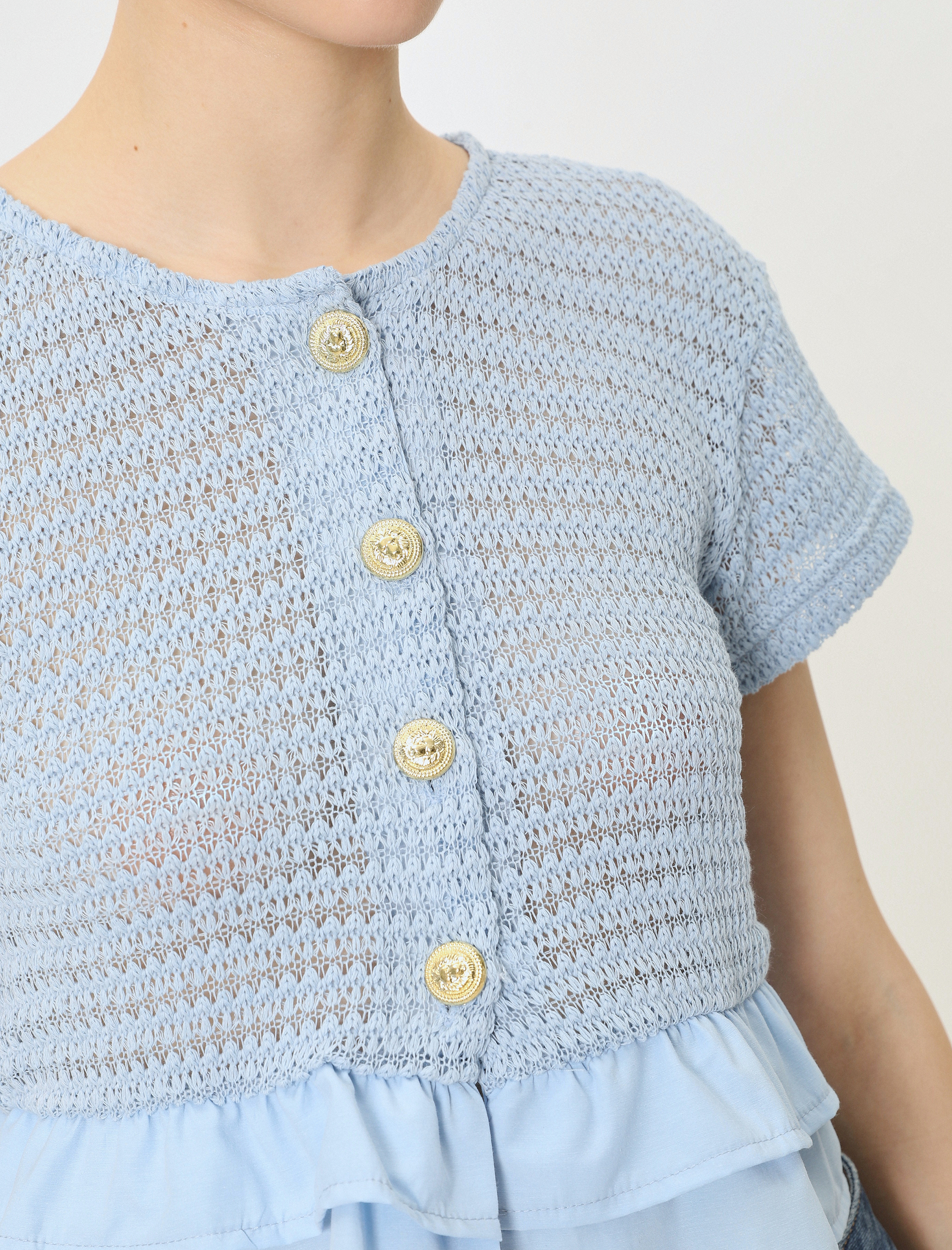   Fırfırlı Kroşe Hırka Kısa Kollu Yuvarlak Yaka Gold Düğmeli