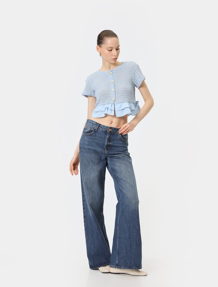  Fırfırlı Kroşe Hırka Kısa Kollu Yuvarlak Yaka Gold Düğmeli