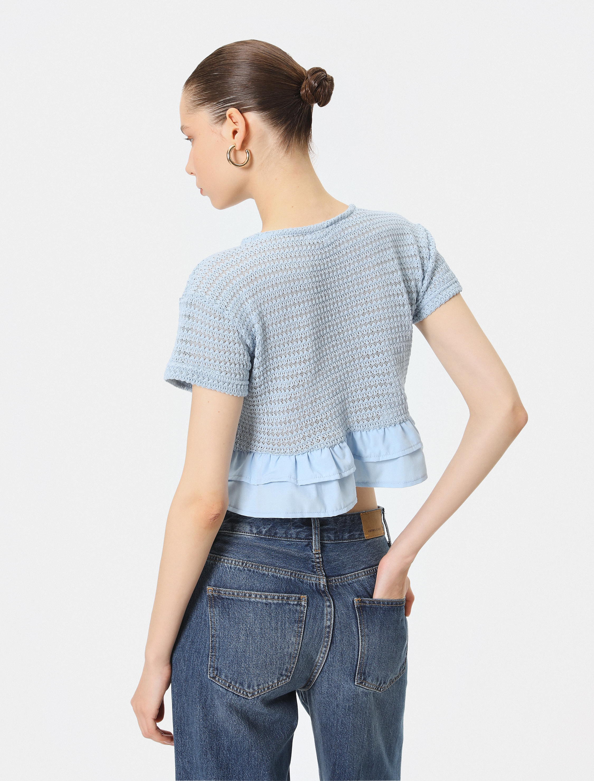   Fırfırlı Kroşe Hırka Kısa Kollu Yuvarlak Yaka Gold Düğmeli