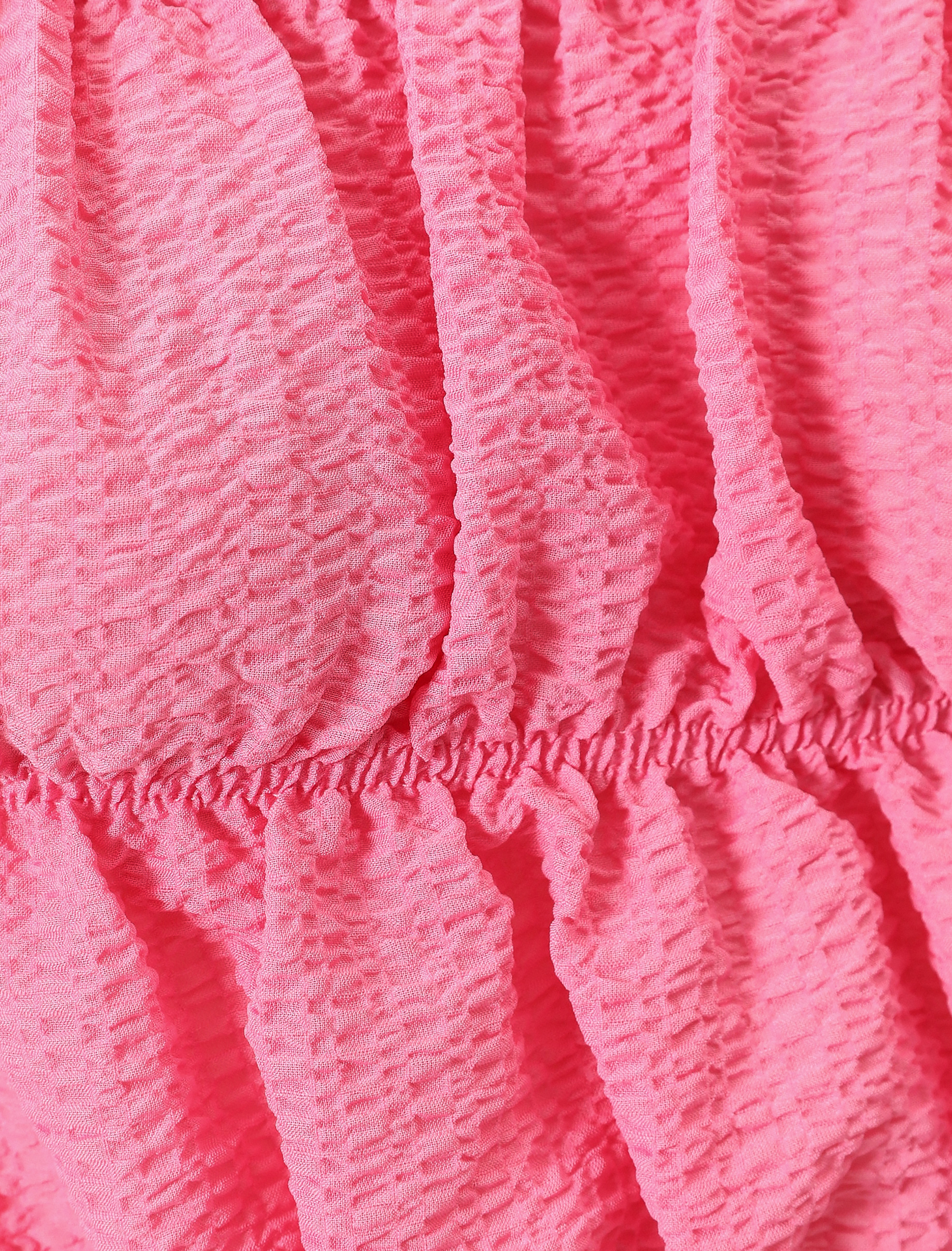 Omzu Açık Fırfırlı Bluz Crop Kısa Kollu Büzgülü Gofre Kumaş