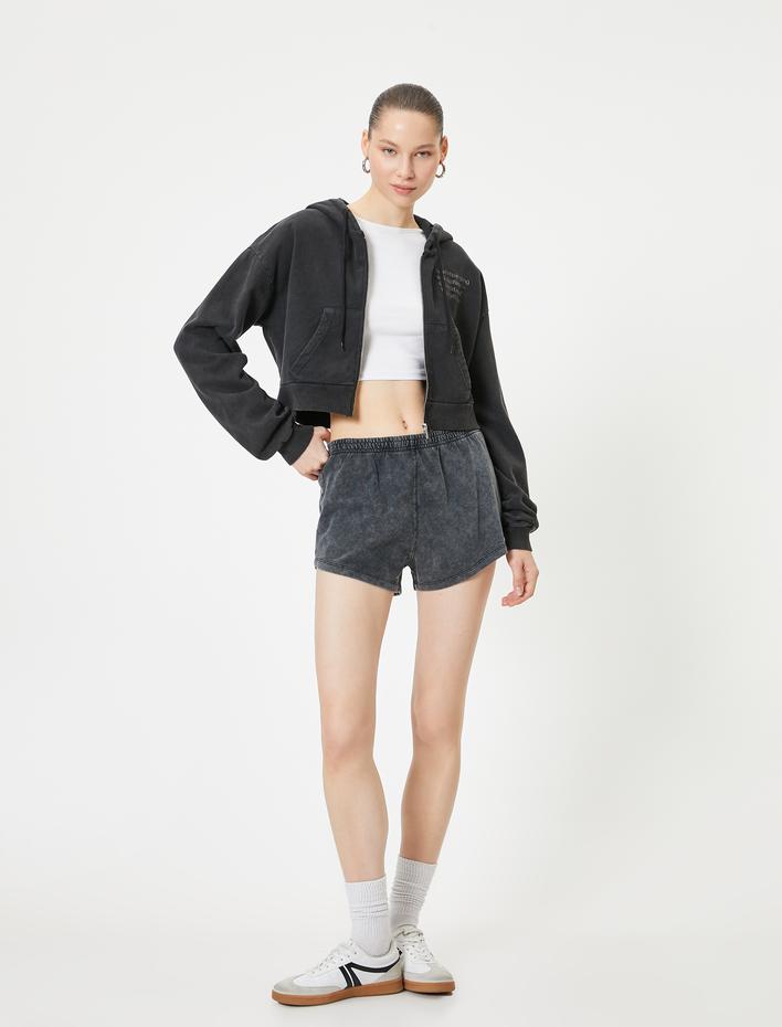  Şardonlu Fermuarlı Kapüşonlu Sweatshirt Crop Cepli Baskı Detaylı Uzun Kollu